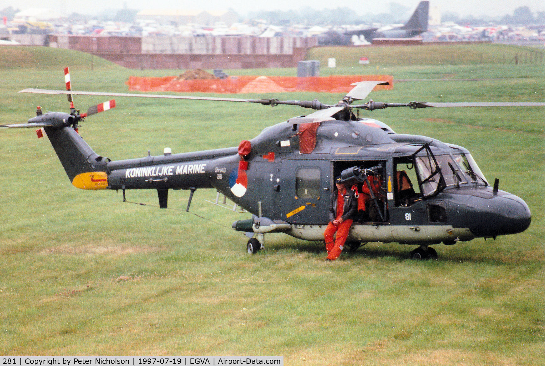 281, Westland SH-14D Lynx C/N 211, SH-14D Lynx, callsign NRN 420, of the Royal Netherlands Navy on the flight-line at the 1997 Intnl Air Tattoo at RAF Fairford.