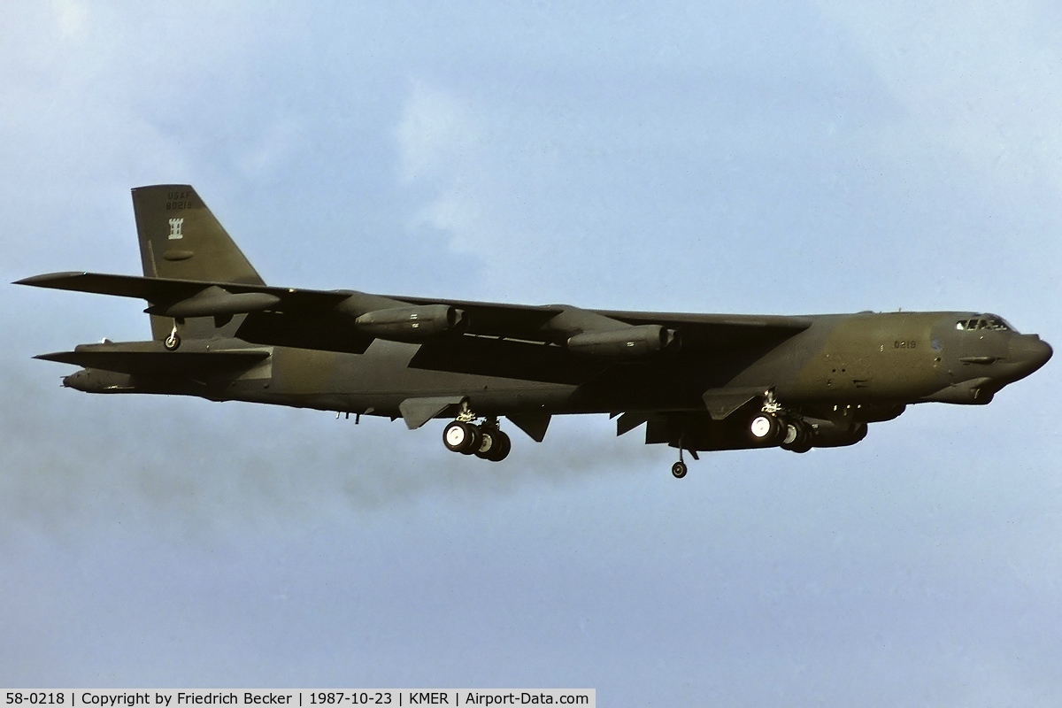 58-0218, 1958 Boeing B-52G Stratofortress C/N 464286, B-52G on final at Castle Air Force Base. This B-52G overran the runway at Castle on February 11, 1988 and was subsequently written off use.