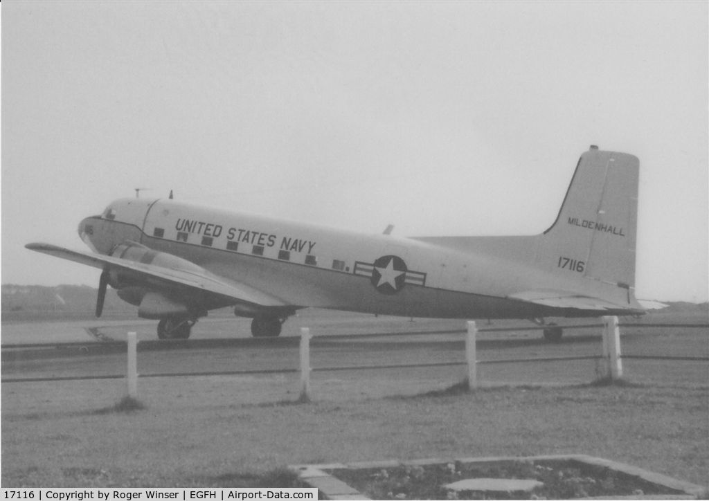 17116, Douglas C-117D C/N 43307, US Navy Douglas Super Dakota/Skytrooper coded 116 from the NAF at RAF Mildenhall visiting Swansea Airport in the late 1960's or early 1970's. This a/c brought in spare  parts for another C-117D (s/n 17171?) from the NAF with starboard engine problems.