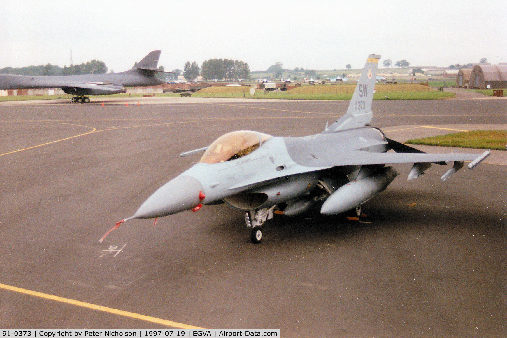 91-0373, 1991 General Dynamics F-16C Fighting Falcon C/N CC-71, Another view of Trend 64, an F-16C Falcon of 20th Fighter Wing at Shaw AFB on the flight-line at the 1997 Intnl Air Tattoo at RAF Fairford.