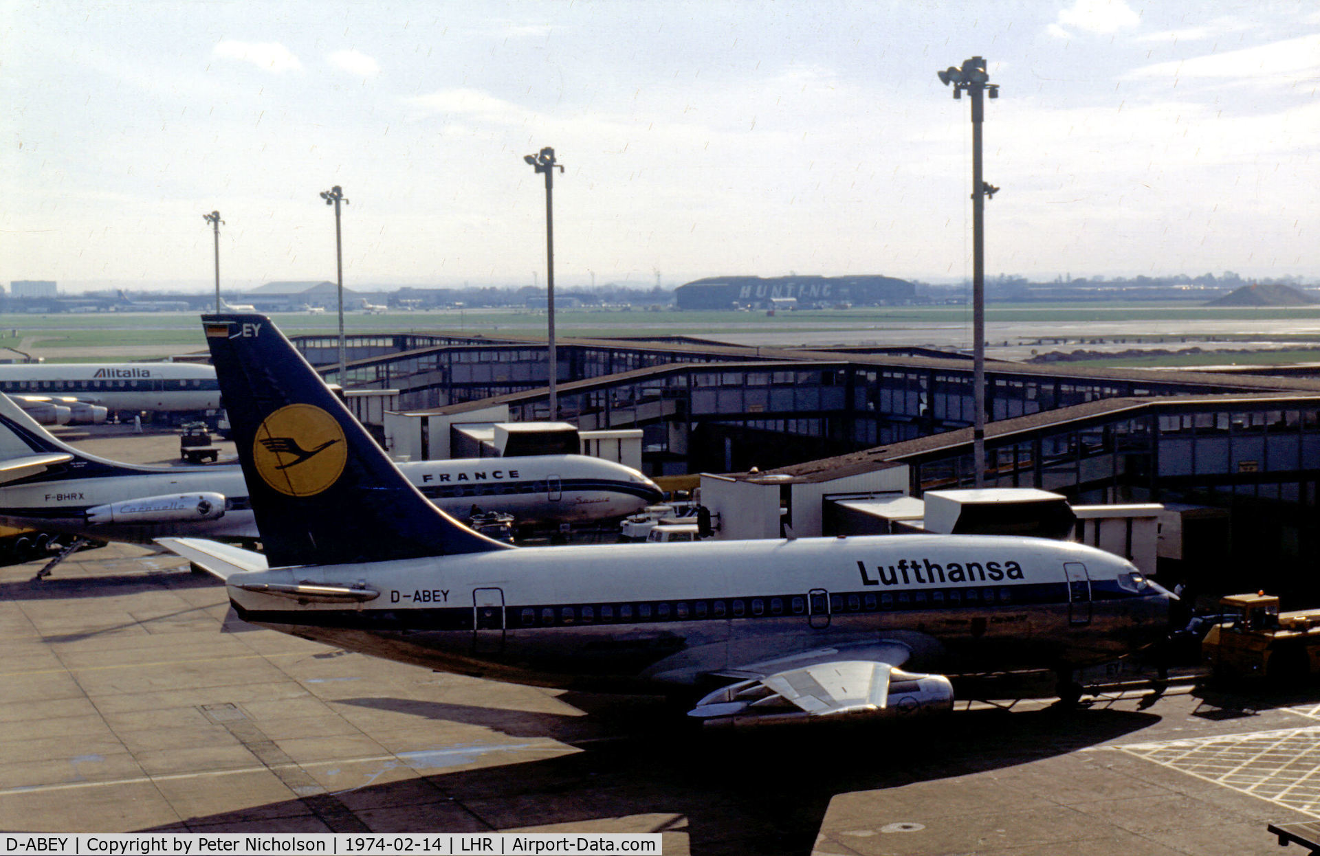 D-ABEY, 1969 Boeing 737-130 C/N 19794, Boeing 737-130, named Worms, of Lufthansa at the terminal at Heathrow in February 1974. This aircraft was later hijacked at Fiumicino Airport, Rome on December 17, 1974.