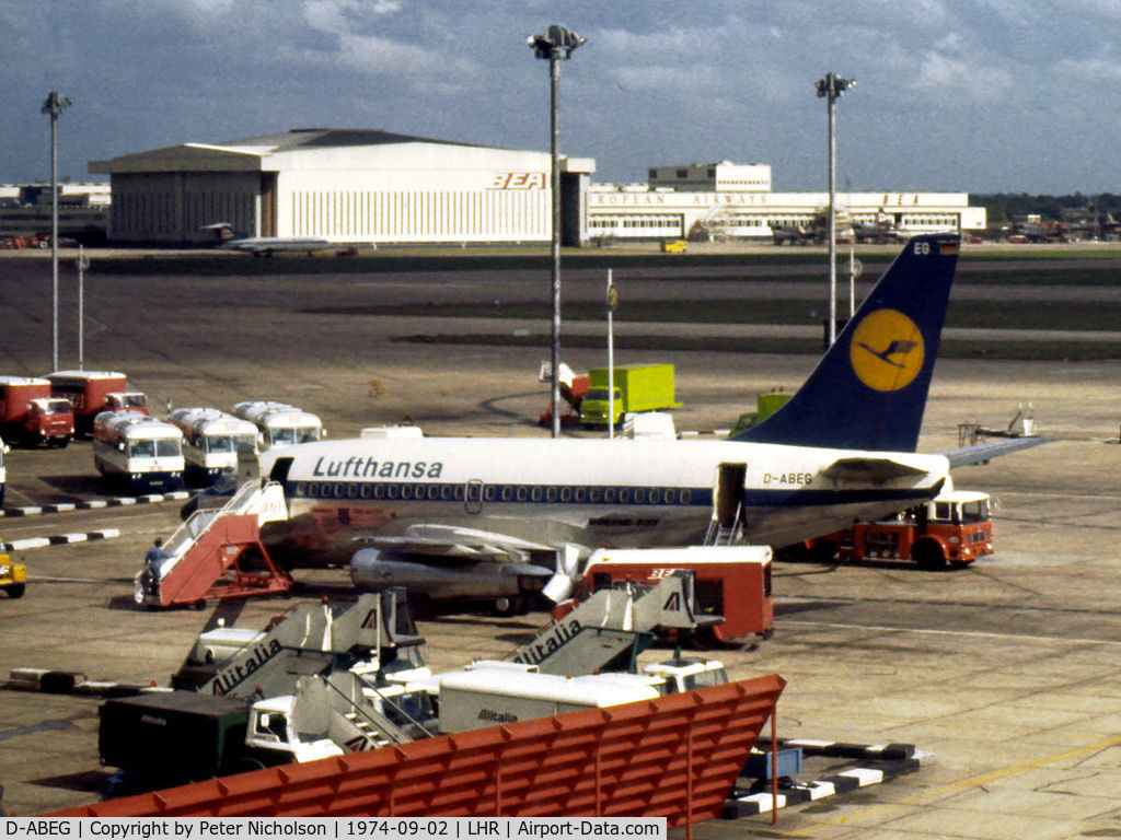 D-ABEG, 1968 Boeing 737-130 C/N 19018, Boeing 737-130, named Offenbach, of Lufthansa at Heathrow in the Summer of 1974.