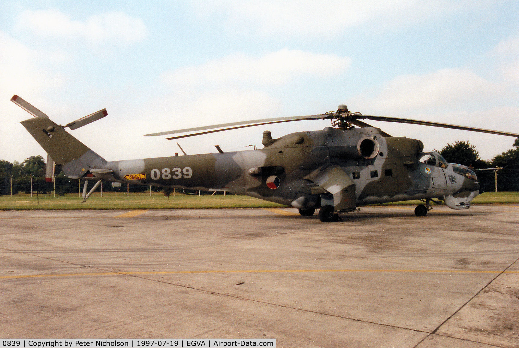 0839, Mil Mi-24V Hind E C/N 730839, Another view of the Czech Air Force Mi-24V2 Hind on display at the 1997 Intnl Air Tattoo at RAF Fairford.