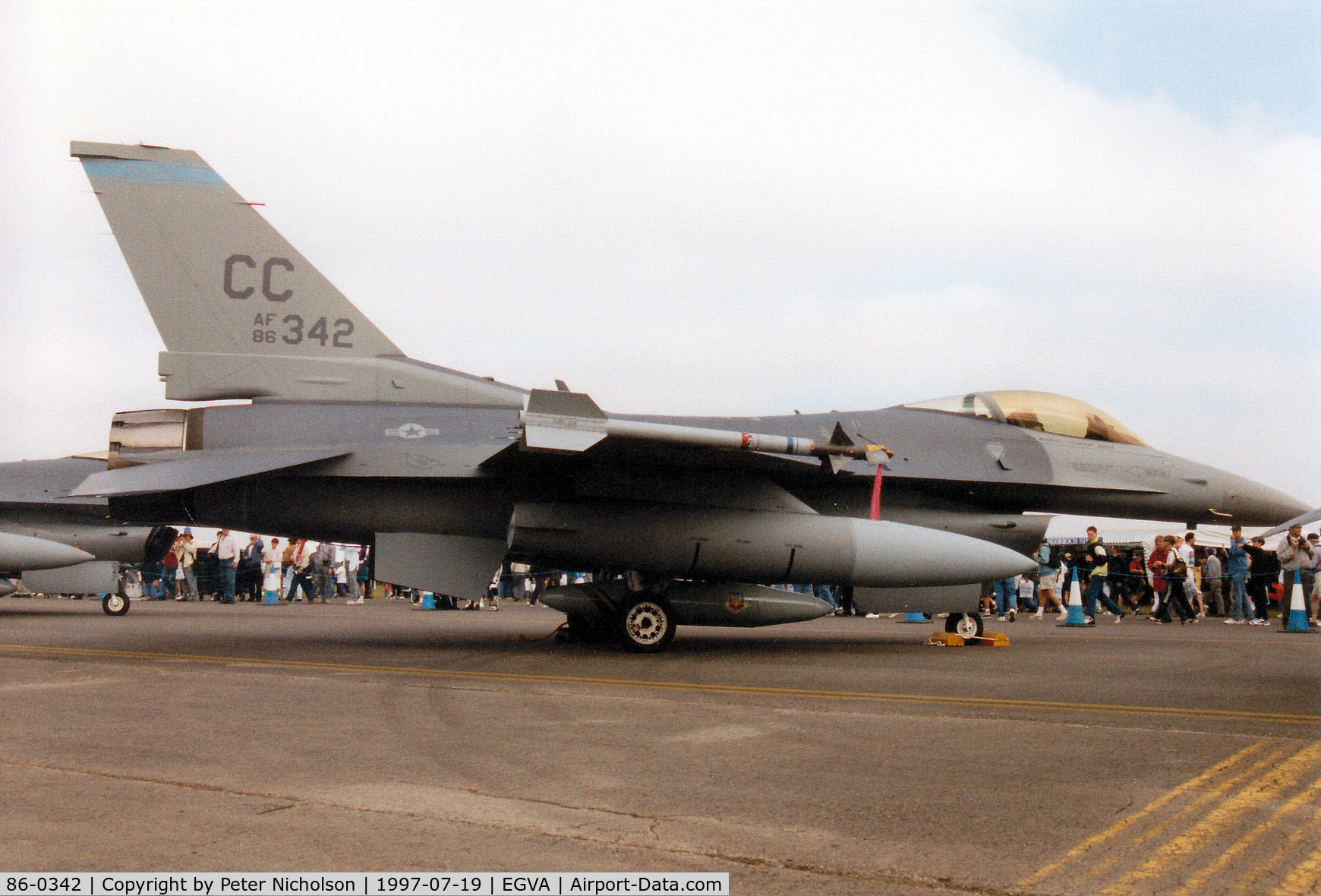 86-0342, 1986 General Dynamics F-16C Fighting Falcon C/N 5C-448, F-16C Falcon, callsign Chosen 02, of 523rd Fighter Squadron/27th Fighter Wing at Cannon AFB on display at the 1997 Intnl Air Tattoo at RAF Fairford.