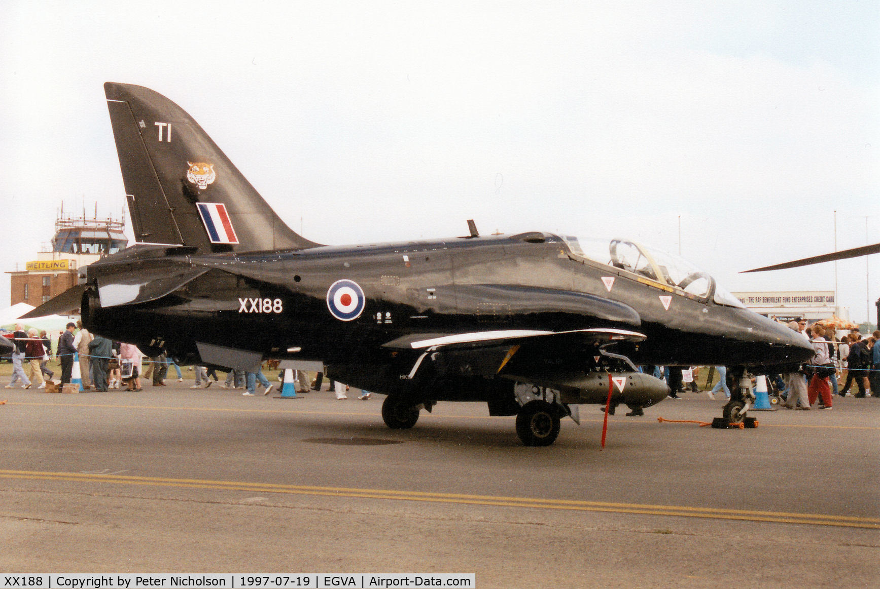 XX188, 1977 Hawker Siddeley Hawk T.1A C/N 035/312035, Hawk T.1A, callsign Tiger 1, of 74[Reserve] Squadron at RAF Valley on display in the static park at the 1997 Intnl Air Tattoo at RAF Fairford.