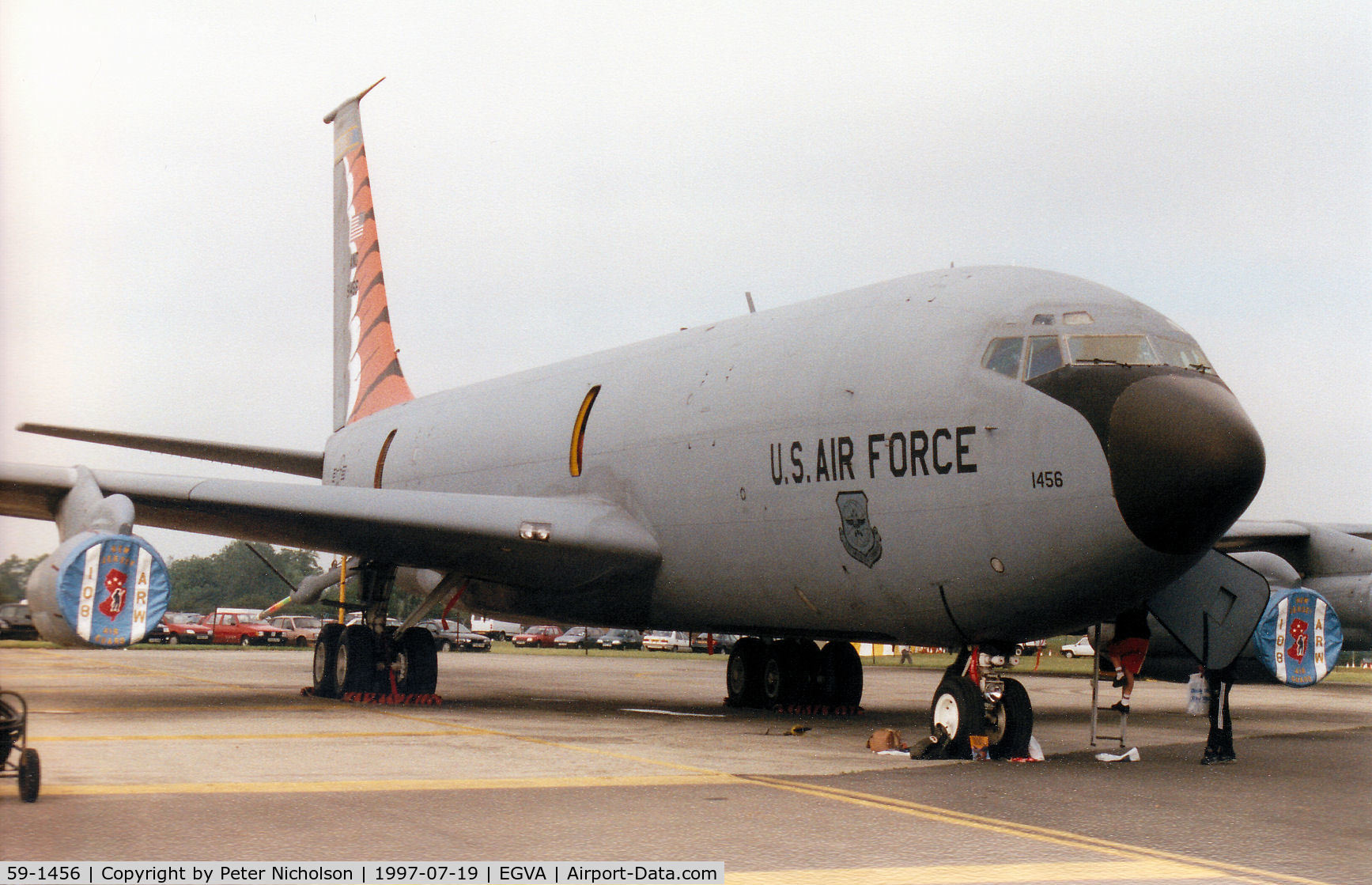 59-1456, 1959 Boeing KC-135E Stratotanker C/N 17944, KC-135E Stratotanker, callsign Jersey 07, of 141st Air Refuelling Squadron/108th Air Refuelling Wing at McGuire AFB on display at the 1997 Intnl Air Tattoo at RAF Fairford.