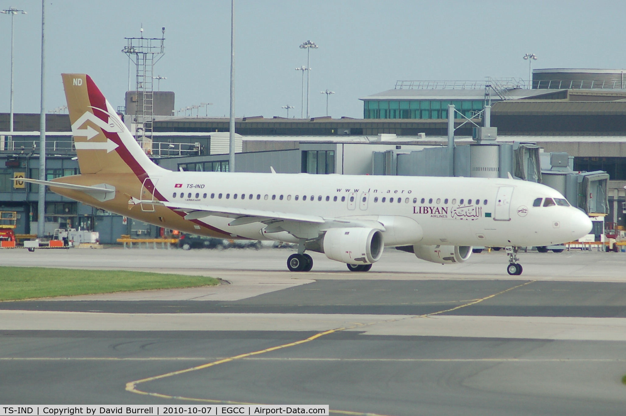 TS-IND, 1992 Airbus A320-212 C/N 348, Libyan Airlines Airbus A320-212 taxiing at Manchester Airport