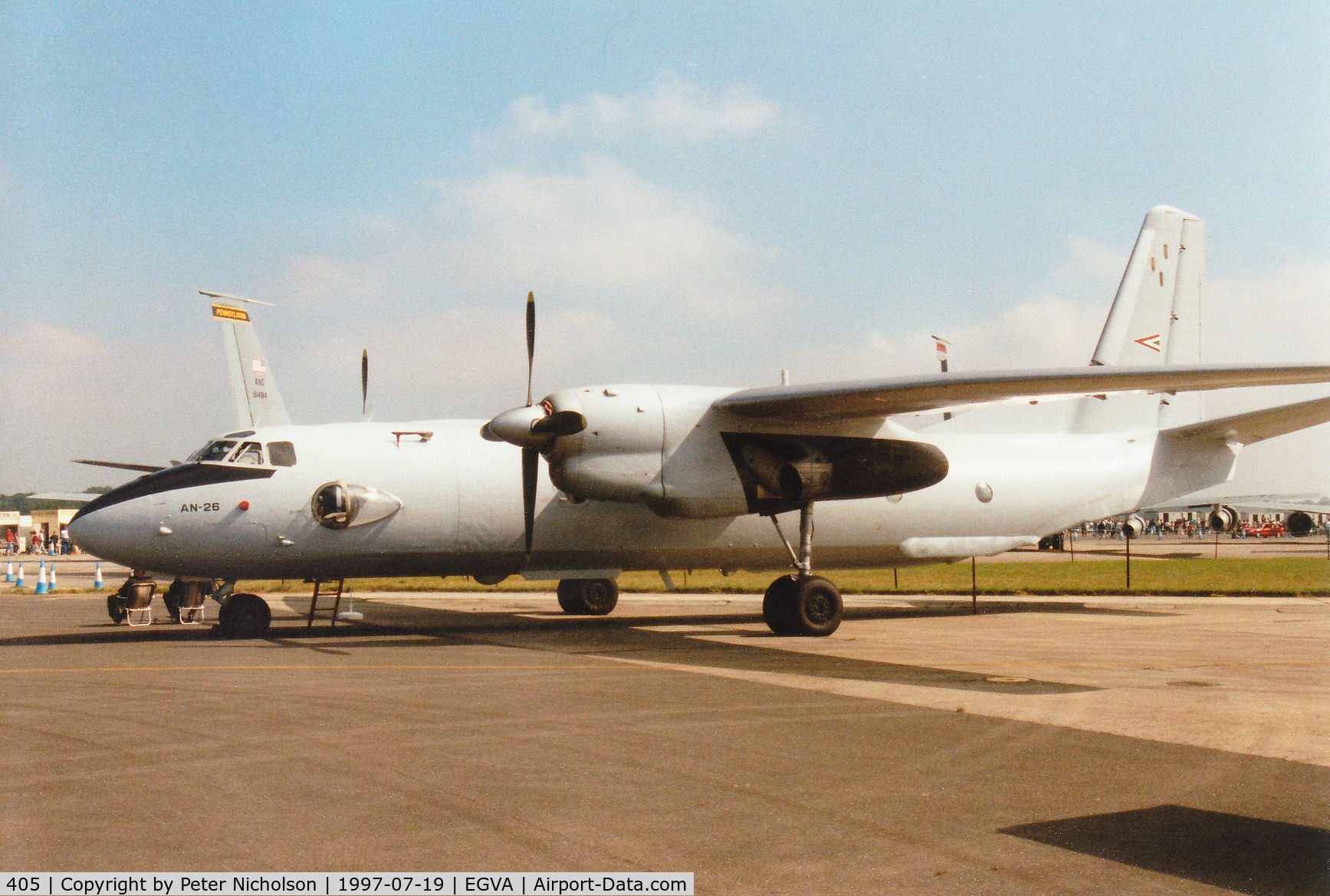 405, Antonov An-26 C/N 717900, An-26 Curl,  callsign 3405, of the Hungarian Air Force on display at the 1997 Intnl Air Tattoo at RAF Fairford.