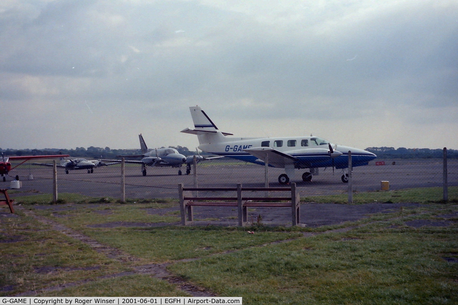 G-GAME, 1982 Cessna T303 Crusader C/N T303-00098, Based at Swansea Airport in the early 2000's. The date is estimated.