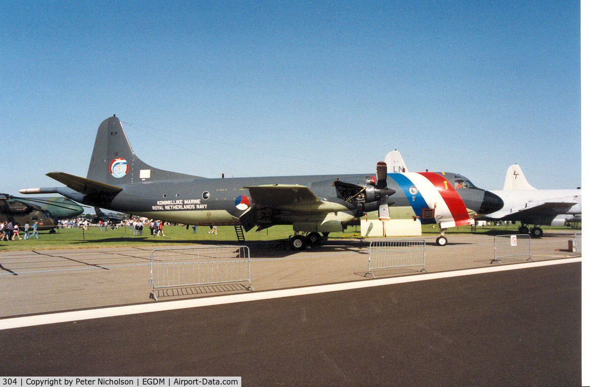 304, Lockheed P-3C Orion C/N 285E-5750, P-3C Orion, callsign NRN 361, of 320 Squadron Royal Netherlands Navy in anniversary markings on display at the 1992 Air Tournament Intnl at Boscombe Down.