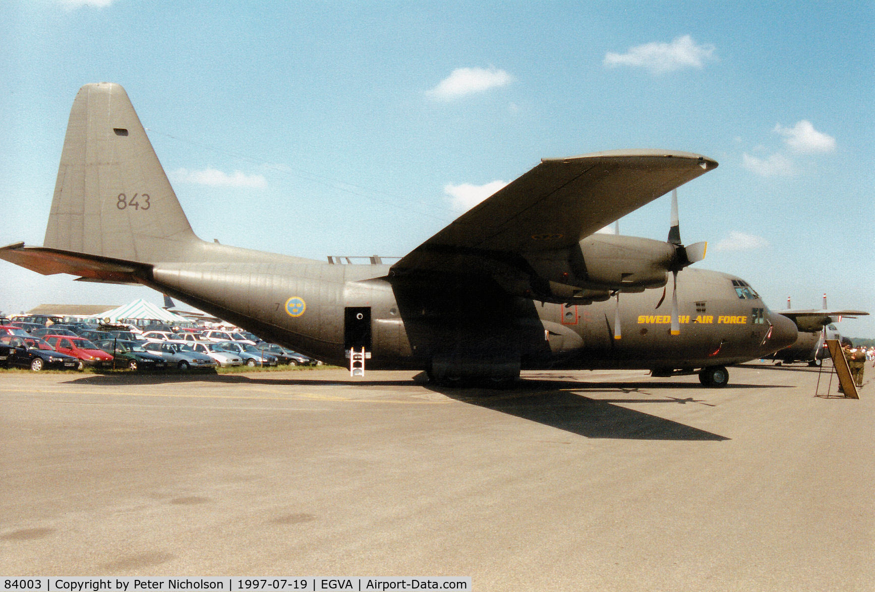 84003, Lockheed C-130H Hercules C/N 382-4628, C-130H Hercules, callsign Swedish 843, of F7 Wing Swedish Air Force on display at the 1997 Intnl Air Tattoo at RAF Fairford.