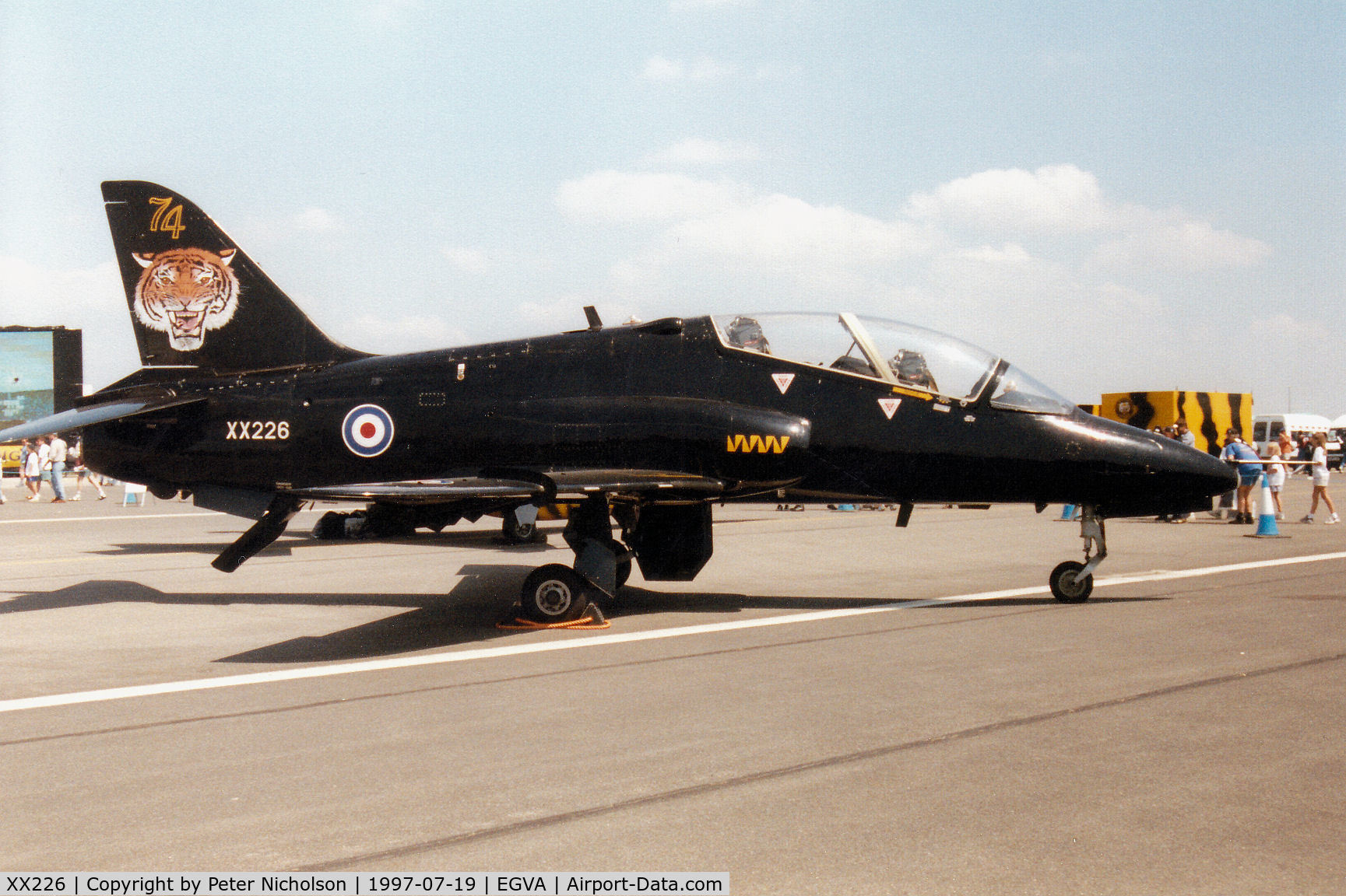 XX226, 1978 Hawker Siddeley Hawk T.1 C/N 062/312062, Another view of the 74[Reserve] Squadron Hawk T.1, callsign Tiger 2, from RAF Valley on display at the 1997 Intnl Air Tattoo at RAF Fairford.
