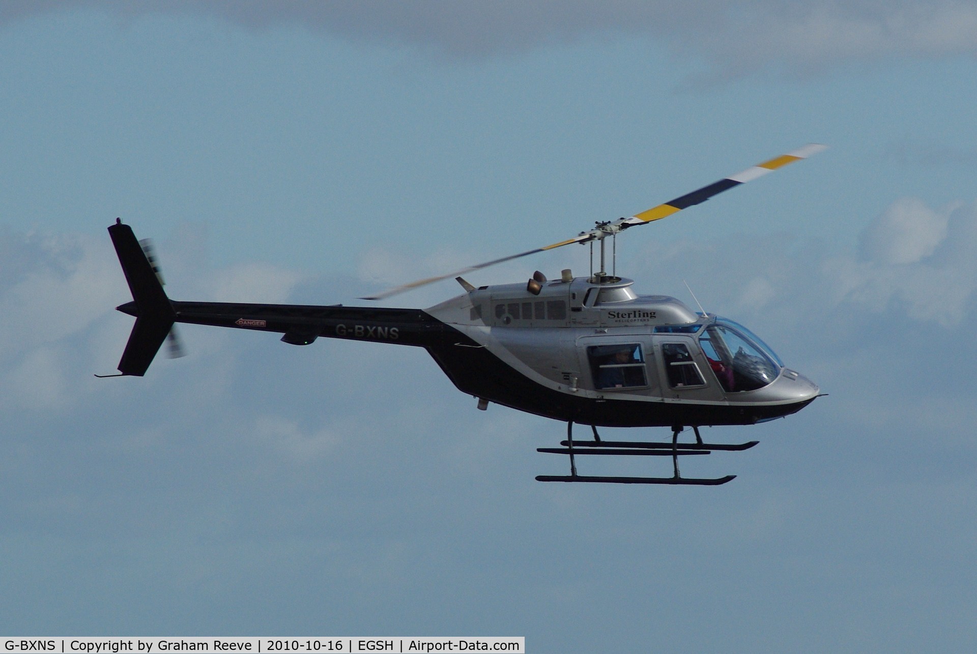 G-BXNS, 1977 Bell 206B JetRanger III C/N 2385, About to land at Norwich.