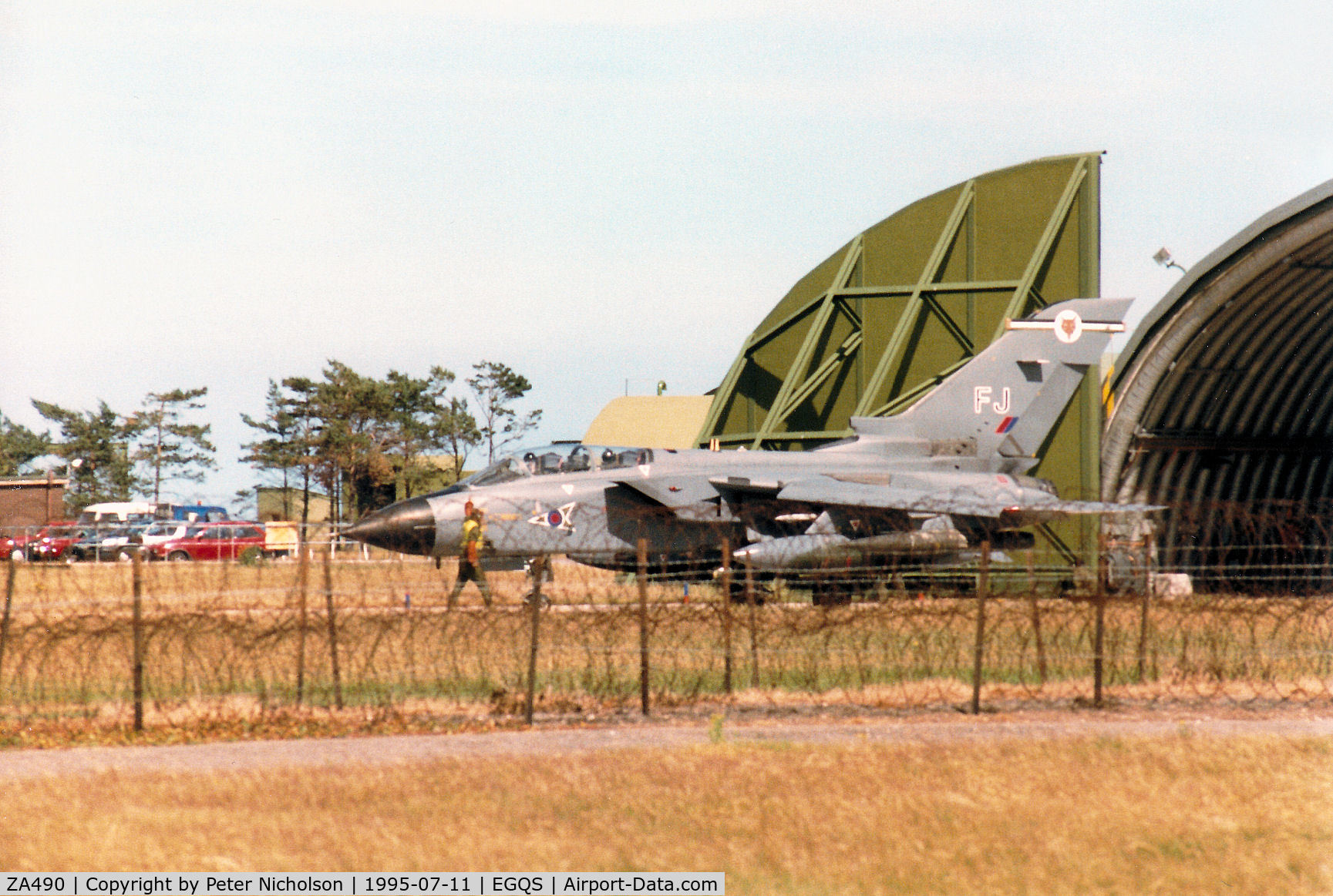 ZA490, 1983 Panavia Tornado GR.1B C/N 305/BS106/3142, Tornado GR.1B of 12 Squadron preparing to depart for a mission at RAF Lossiemouth in the Summer of 1995.