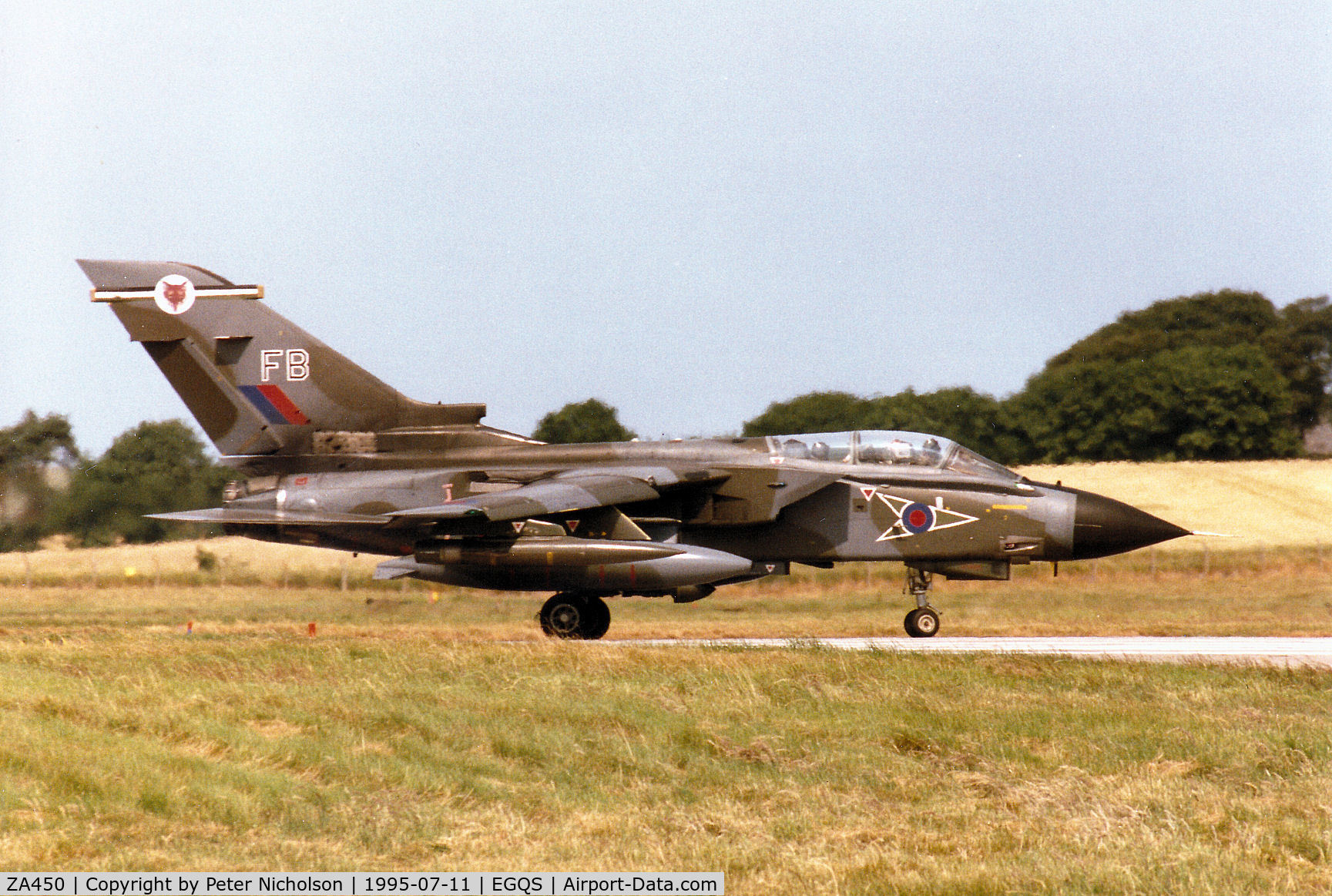 ZA450, 1983 Panavia Tornado GR.1B C/N BS080/242/3116, Tornado GR.1B of 12 Squadron joining Runway 05 at RAF Lossiemouth in the Summer of 1995.