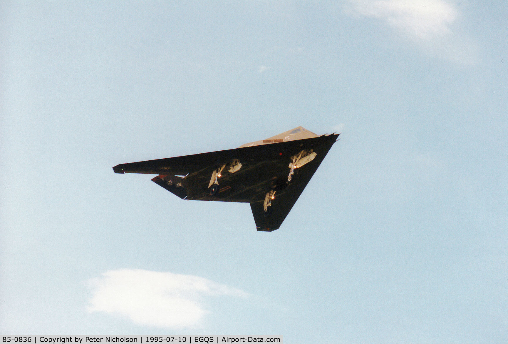85-0836, 1985 Lockheed F-117A Nighthawk C/N A.4058, F-117A Nighthawk, callsign Stealth 2, of Holloman AFB's 49th Fighter Wing on  a practice approach to Runway 10 at RAF Lossiemouth in the Summer of 1995.