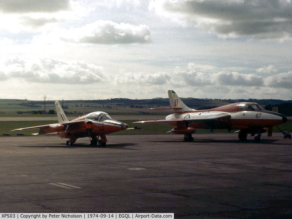 XP503, 1962 Folland Gnat T.1 C/N FL518, Gnat T.1 of 4 Flying Training School at RAF Valley alongside Hunter T.7 XL597 from the same unit on display at the 1974 RAF Leuchars Airshow.