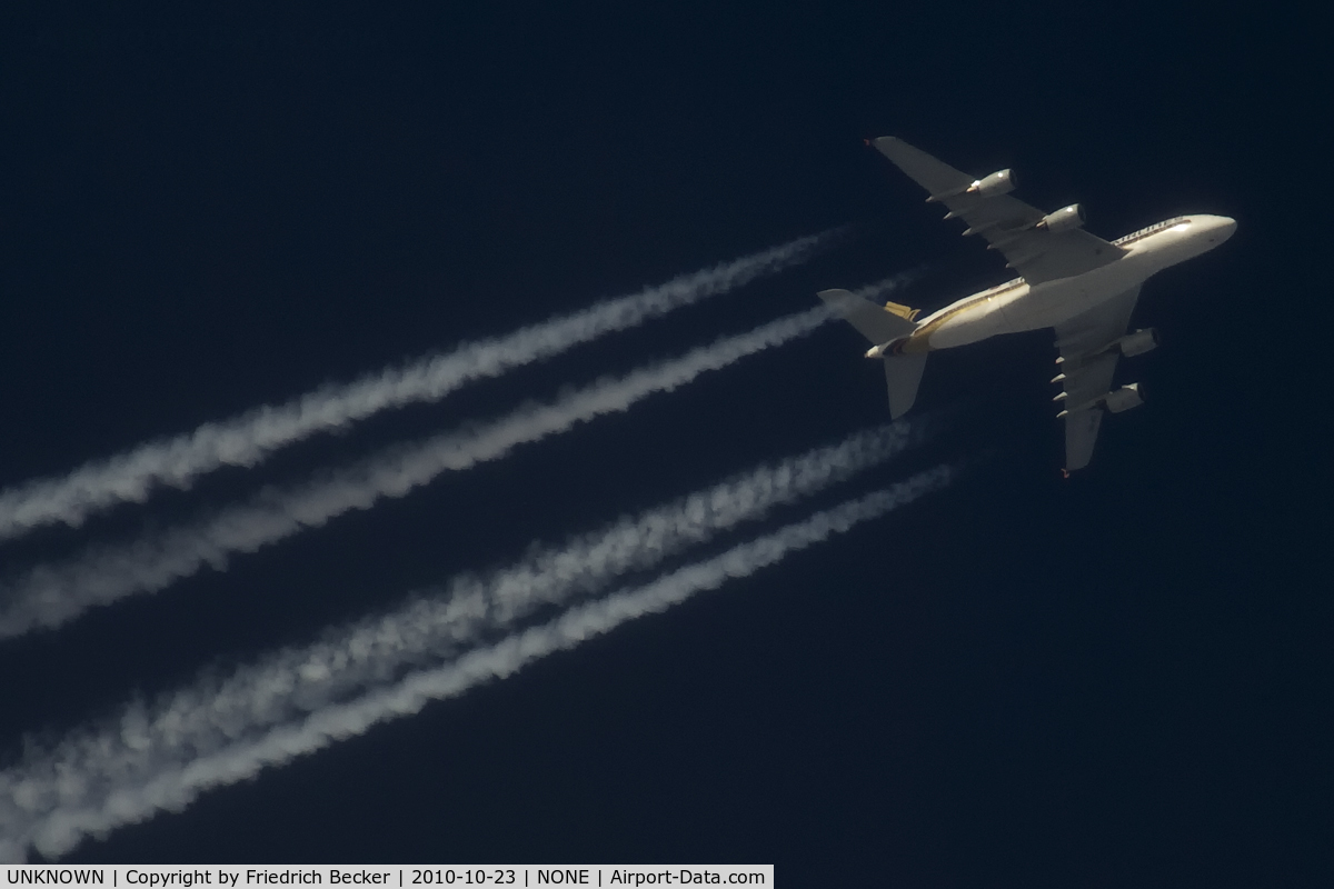 UNKNOWN, Contrails Various C/N Unknown, Singapore Airlines A380 cruises high from Paris back to Asia