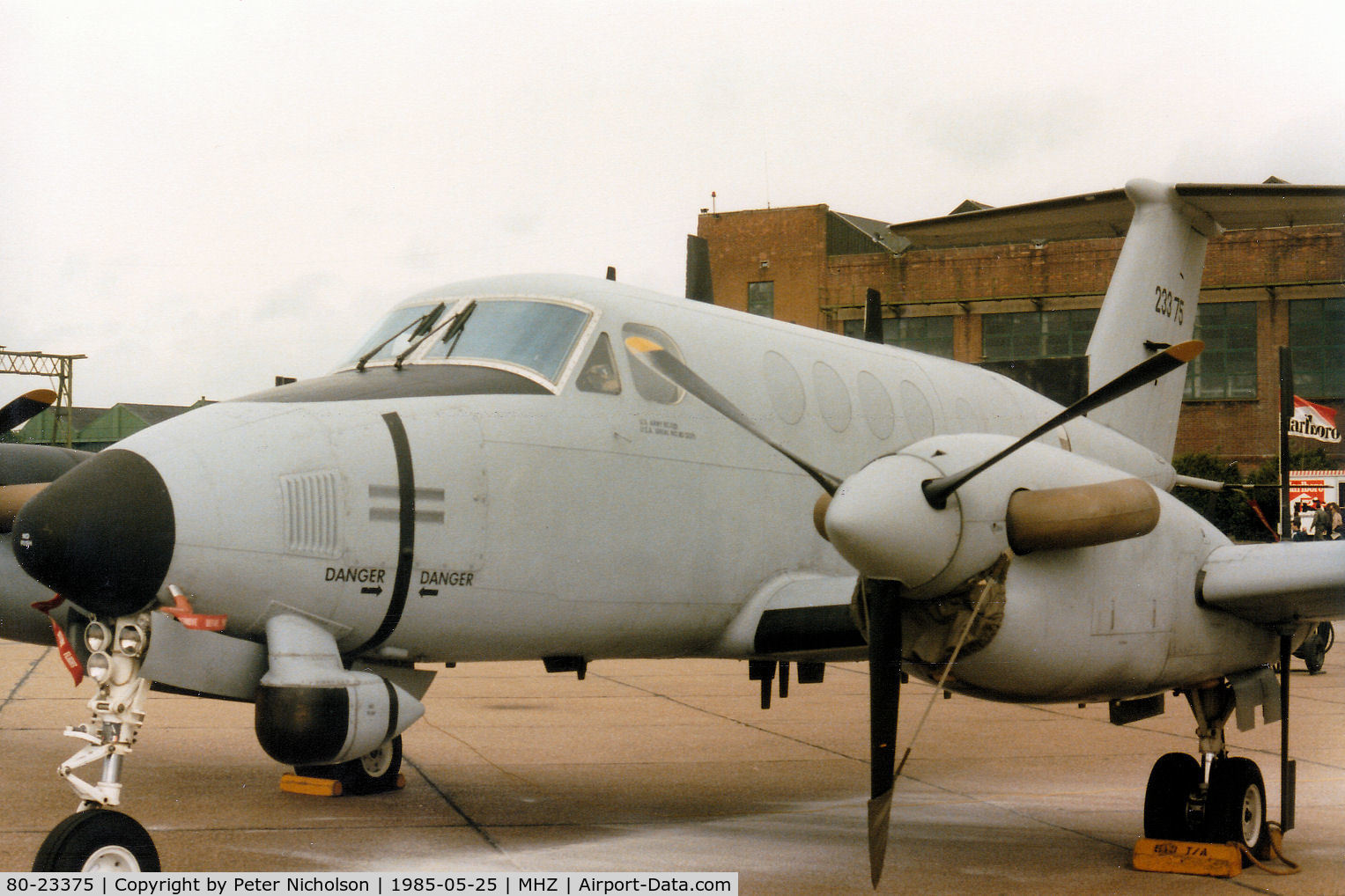 80-23375, 1980 Beech C-12D Huron C/N BP-16, RC-12D Guardrail version of the Huron of 1 Military Intelligence Battalion at Wiesbaden on display at the 1985 RAF Mildenhall Air Fete.