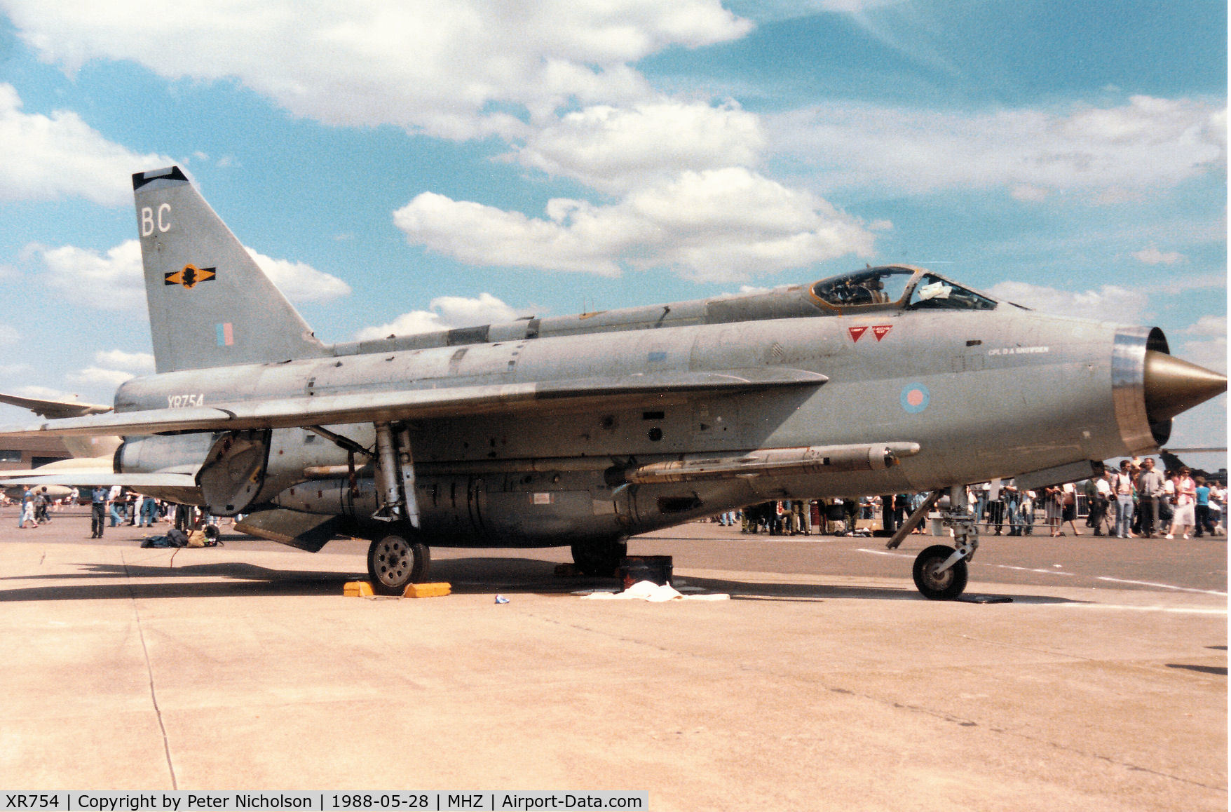 XR754, 1965 English Electric Lightning F.6 C/N 95219, Another view of the 11 Squadron Lightning F.6 on display at the 1988 RAF Mildenhall Air Fete.