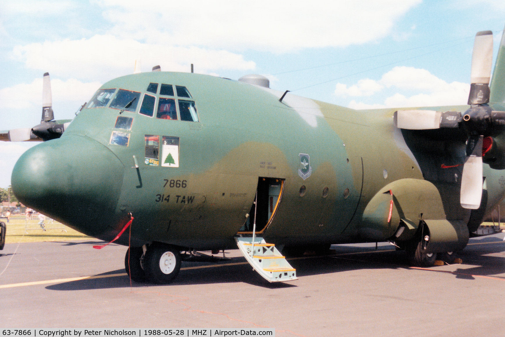 63-7866, 1963 Lockheed C-130E Hercules C/N 382-3936, C-130E Hercules of Little Rock AFB's 314th Tactical Airlift Wing on display at the 1988 RAF Mildenhall Air Fete.