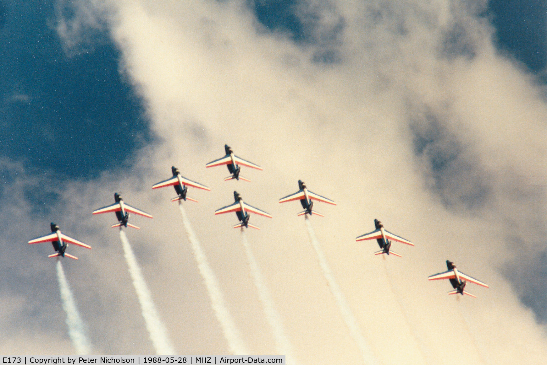 E173, Dassault-Dornier Alpha Jet E C/N E173, Lead aircraft of the Patrouille de France aerobatic display team in action at the 1988 RAF Mildenhall Air Fete.