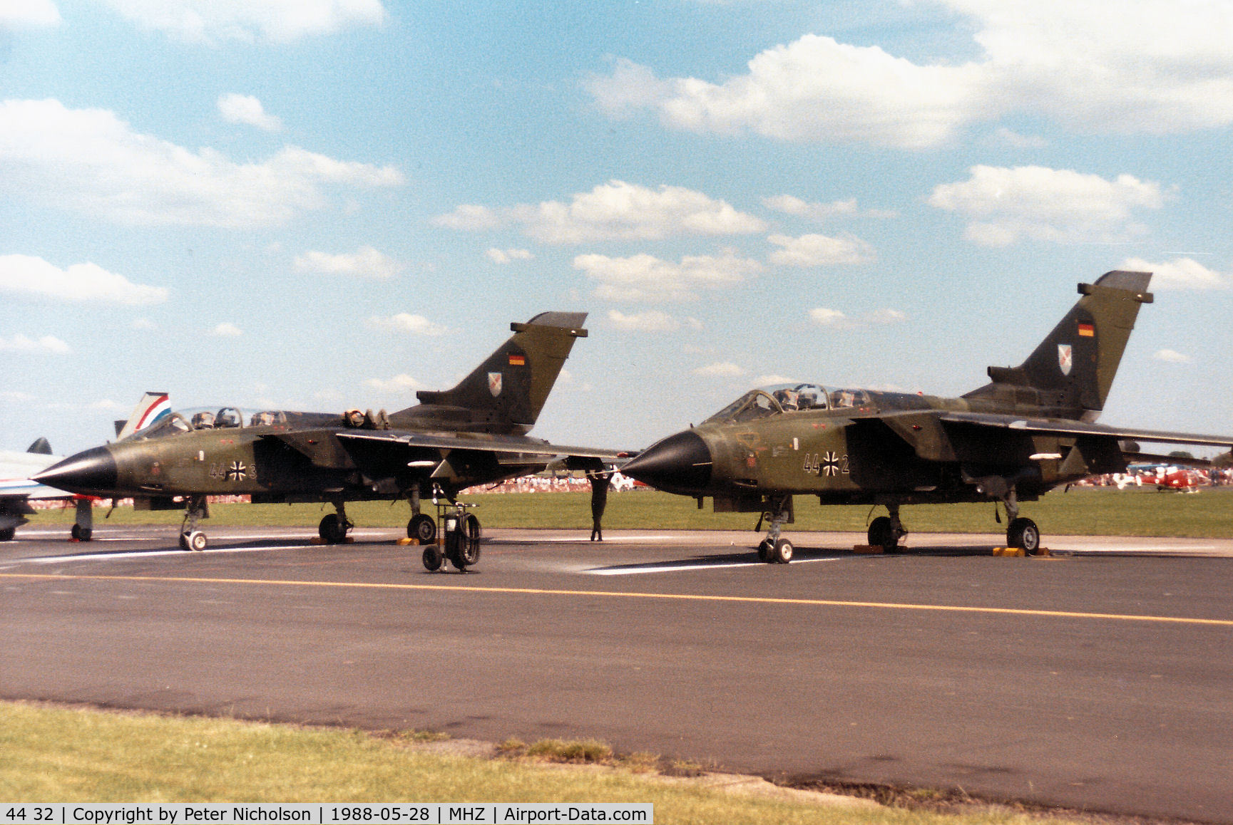44 32, Panavia Tornado IDS C/N 335/GS093/4132, Tornado IDS of German Air Force's JBG-31 with companion 44+28 on the flight-line at the 1988 RAF Mildenhall Air Fete.