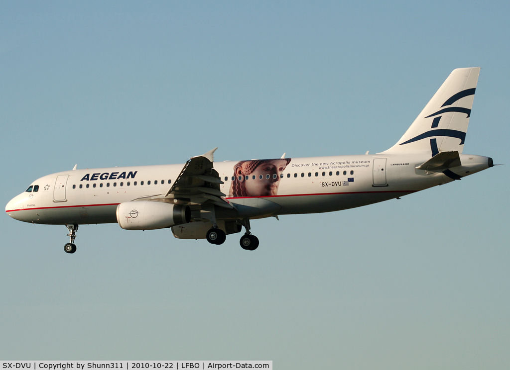 SX-DVU, 2009 Airbus A320-232 C/N 3753, Landing rwy 14R with special markings on left side only...