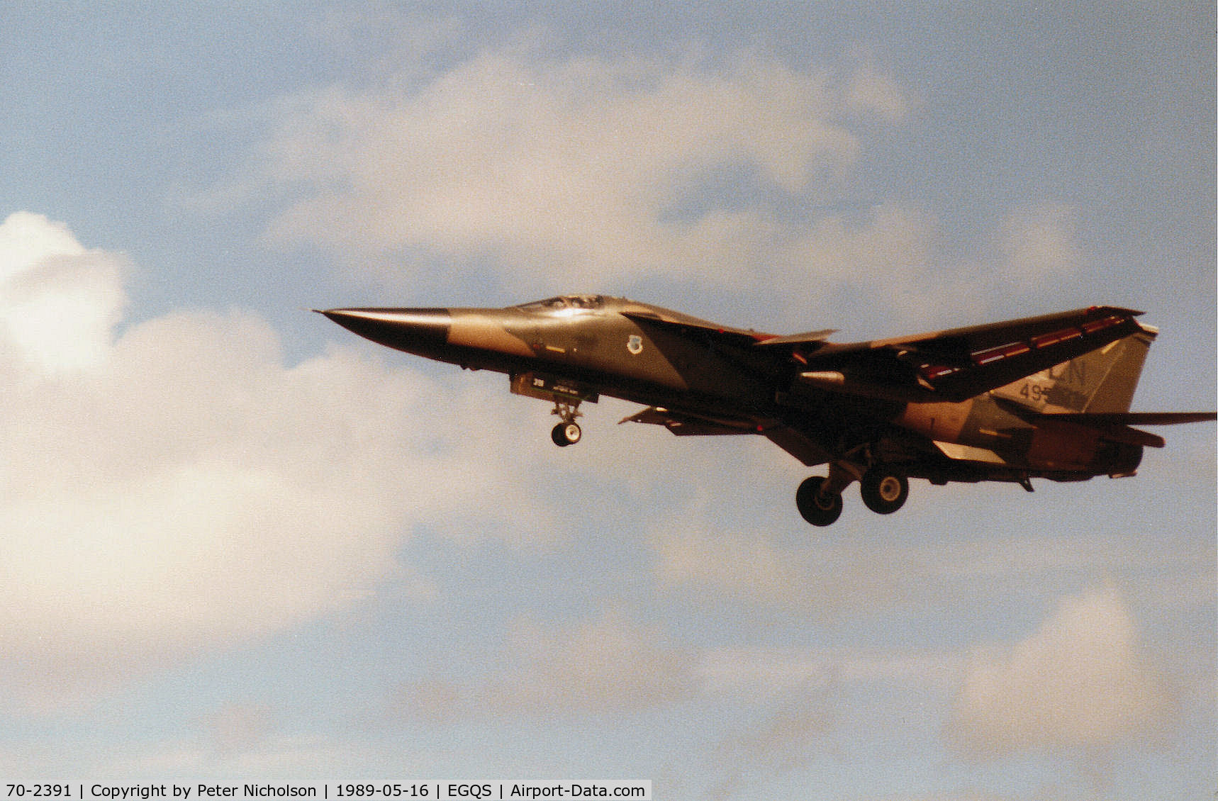 70-2391, 1970 General Dynamics F-111F Aardvark C/N E2-30, F-111F of 495th Tactical Fighter Squadron of the 48th Tactical Fighter Wing based at RAF Lakenheath on final approach to RAF Lossiemouth in May 1989.