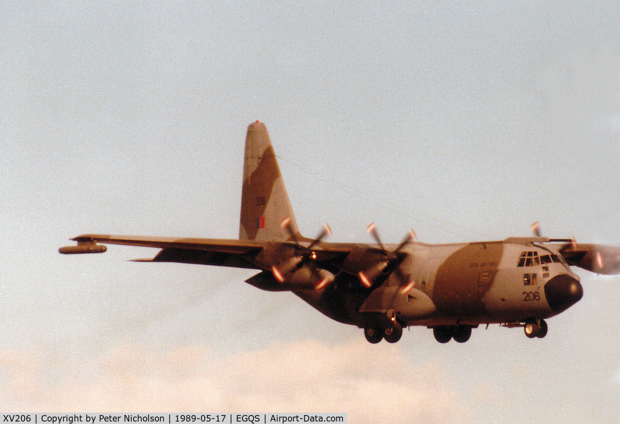 XV206, Lockheed C-130K Hercules C.1 C/N 382-4231, Hercules C.1 of the Lyneham Transport Wing on final approach to RAF Lossiemouth in May 1989.