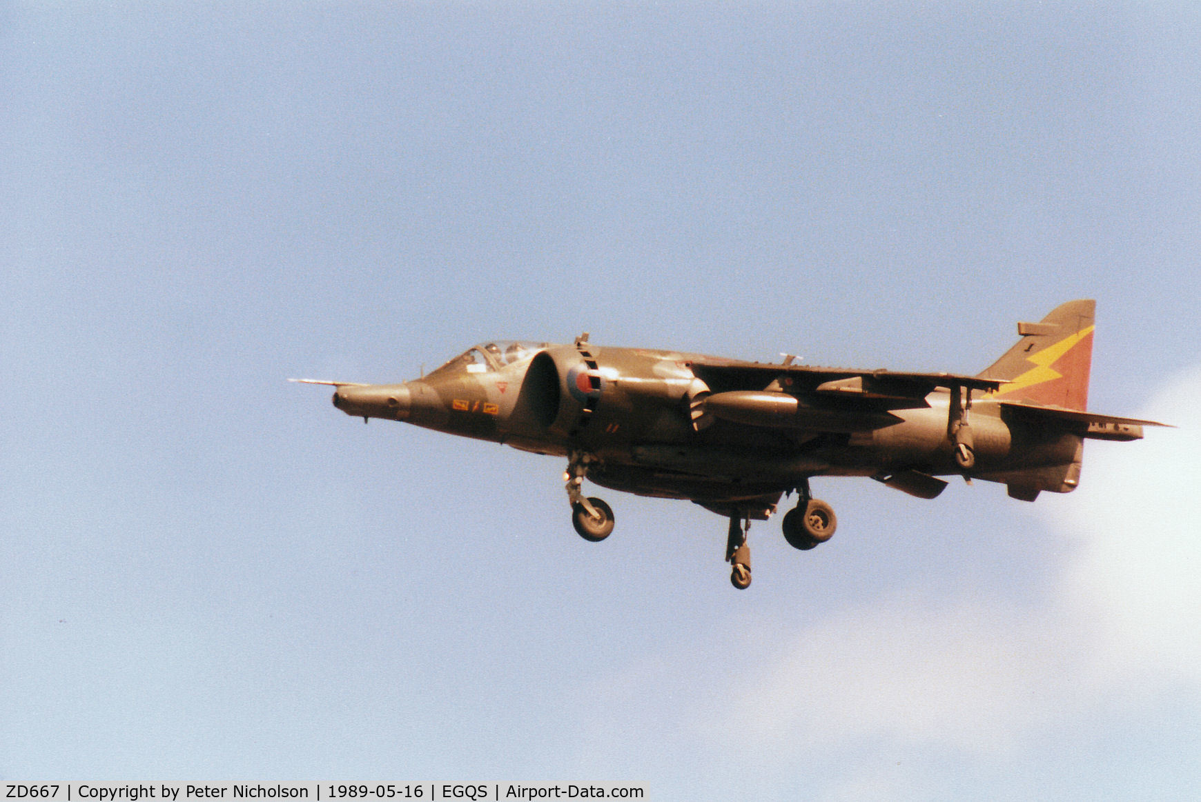 ZD667, 1986 British Aerospace Harrier GR.3 C/N 712228, Harrier GR.3 of 4 Squadron based then at RAF Gutersloh landing on Runway 23 at RAF Lossiemouth in May 1989.