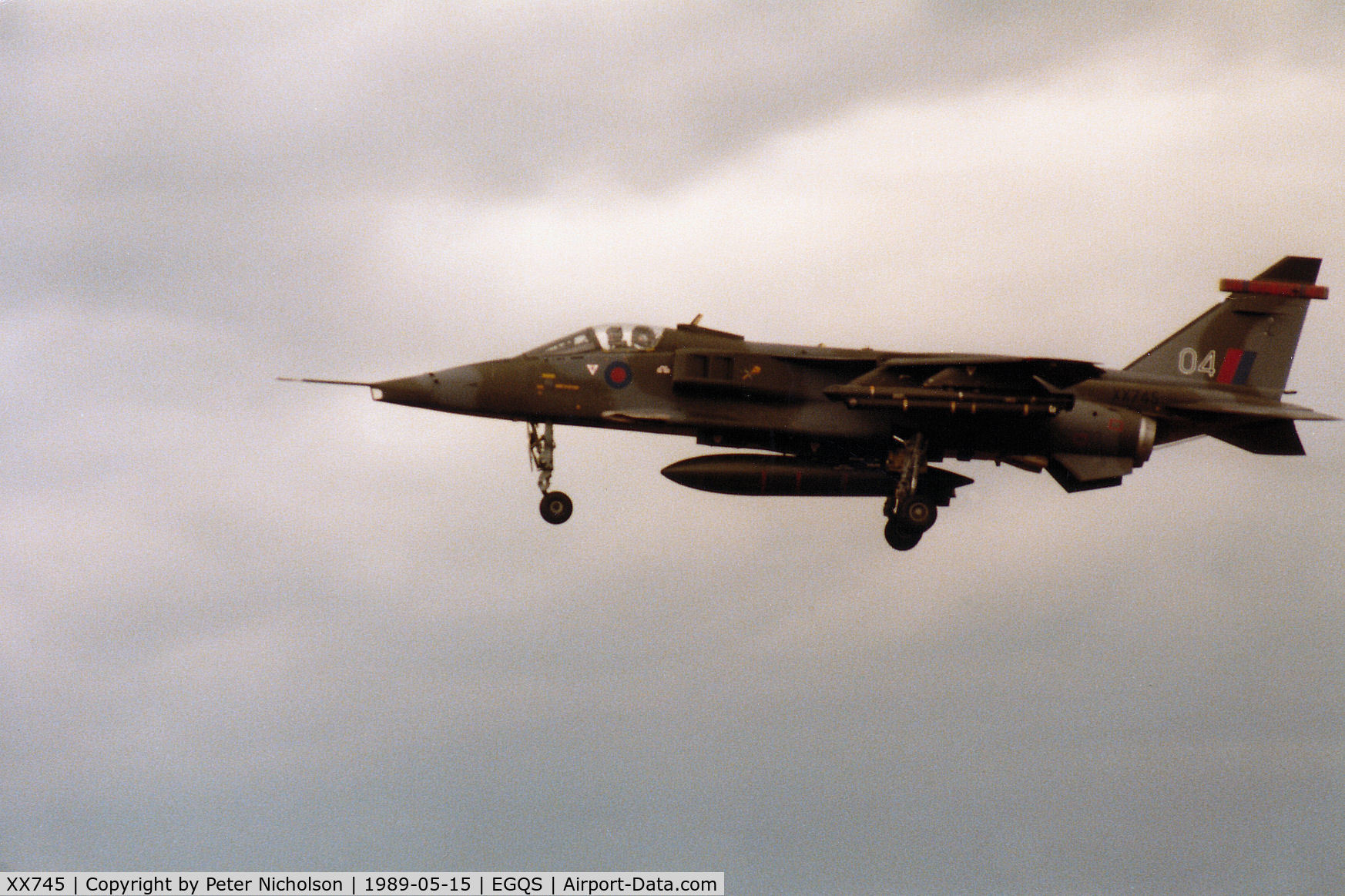 XX745, 1974 Sepecat Jaguar GR.1A C/N S.42, Jaguar GR.1A of 226 Operational Conversion Unit on final approach to Runway 23 at RAF Lossiemouth in May 1989.