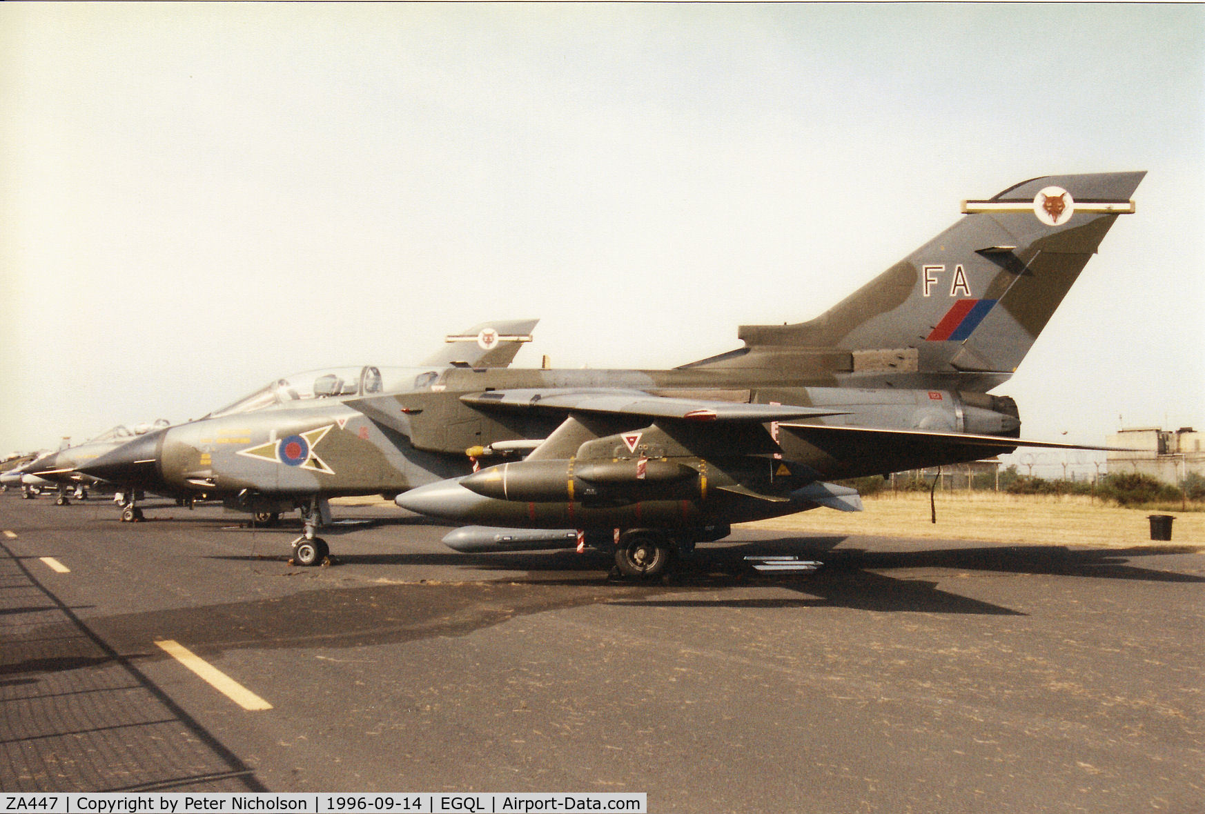 ZA447, 1983 Panavia Tornado GR.1 C/N 235/BS077/3113, Tornado GR.1, callsign Wolf 2, of RAF Lossiemouth's 12 Squadron on display at the 1996 RAF Leuchars Airshow.