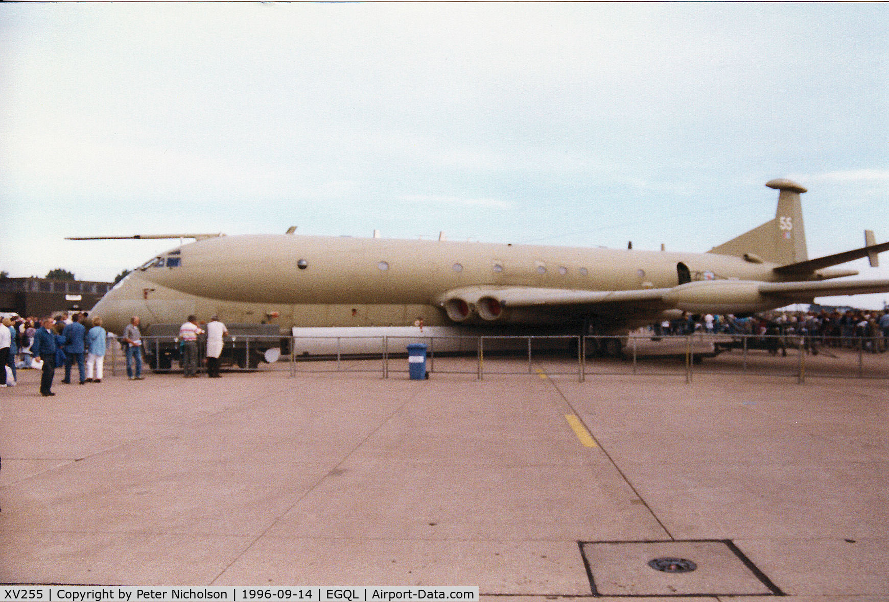XV255, Hawker Siddeley Nimrod MR.2 C/N 8030, Nimrod MR.2, callsign One Five Victor, of the Kinloss Maritime Wing on display at the 1996 RAF Leuchars Airshow.