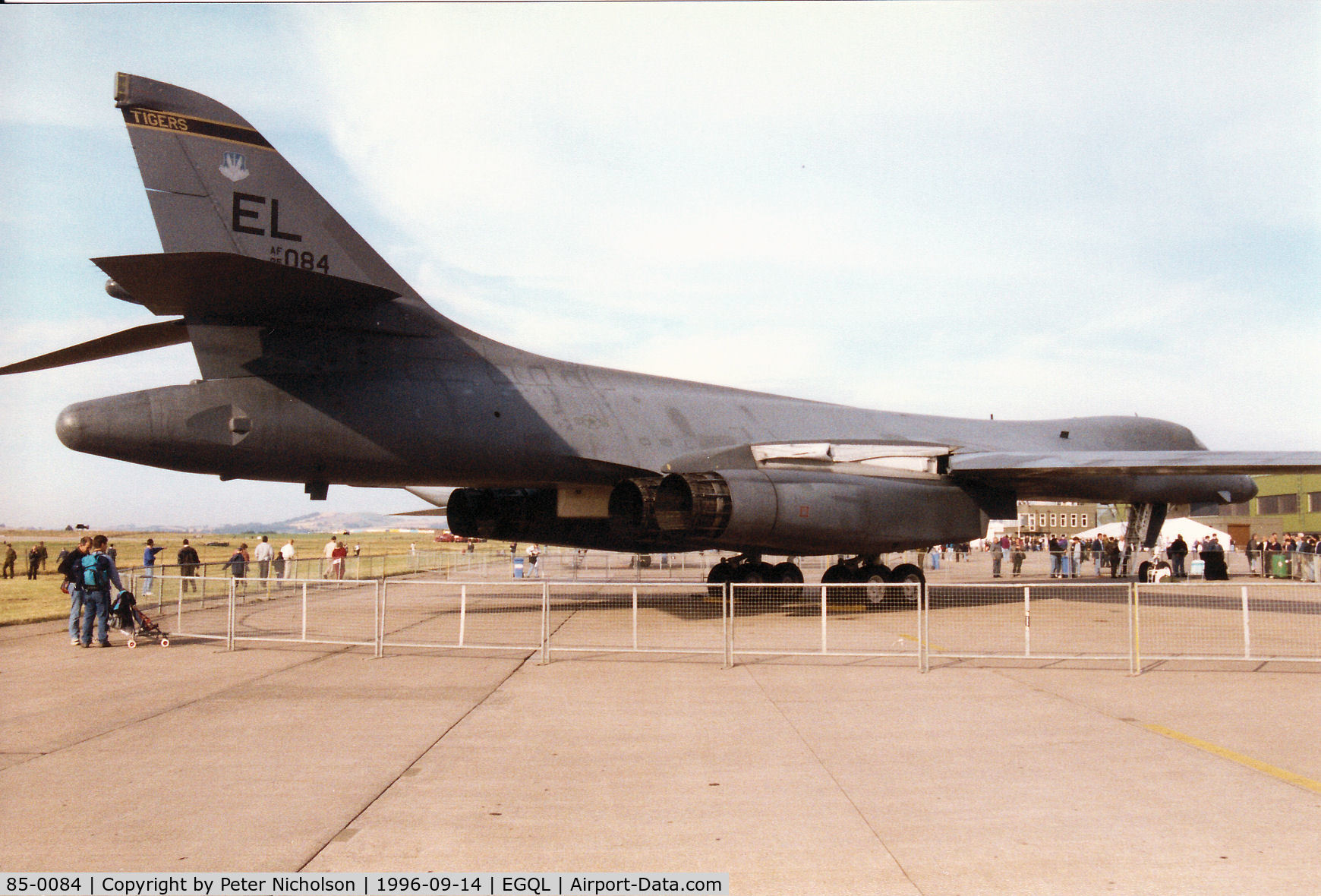 85-0084, 1985 Rockwell B-1B Lancer C/N 44, Lancer B-1B, callsign Bone 11, of 37th Bomb Squadron/28th Bombardment Wing on display at the 1996 RAF Leuchars Airshow.