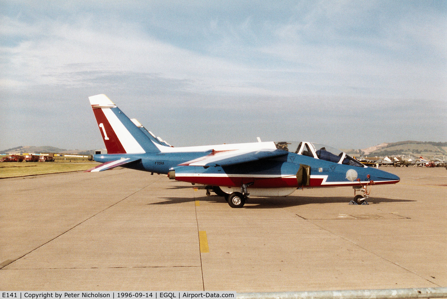 E141, Dassault-Dornier Alpha Jet E C/N E141, Alpha Jet number 1 of the French aerobatic display team La Patrouille de France on display at the 1996 RAF Leuchars Airshow.