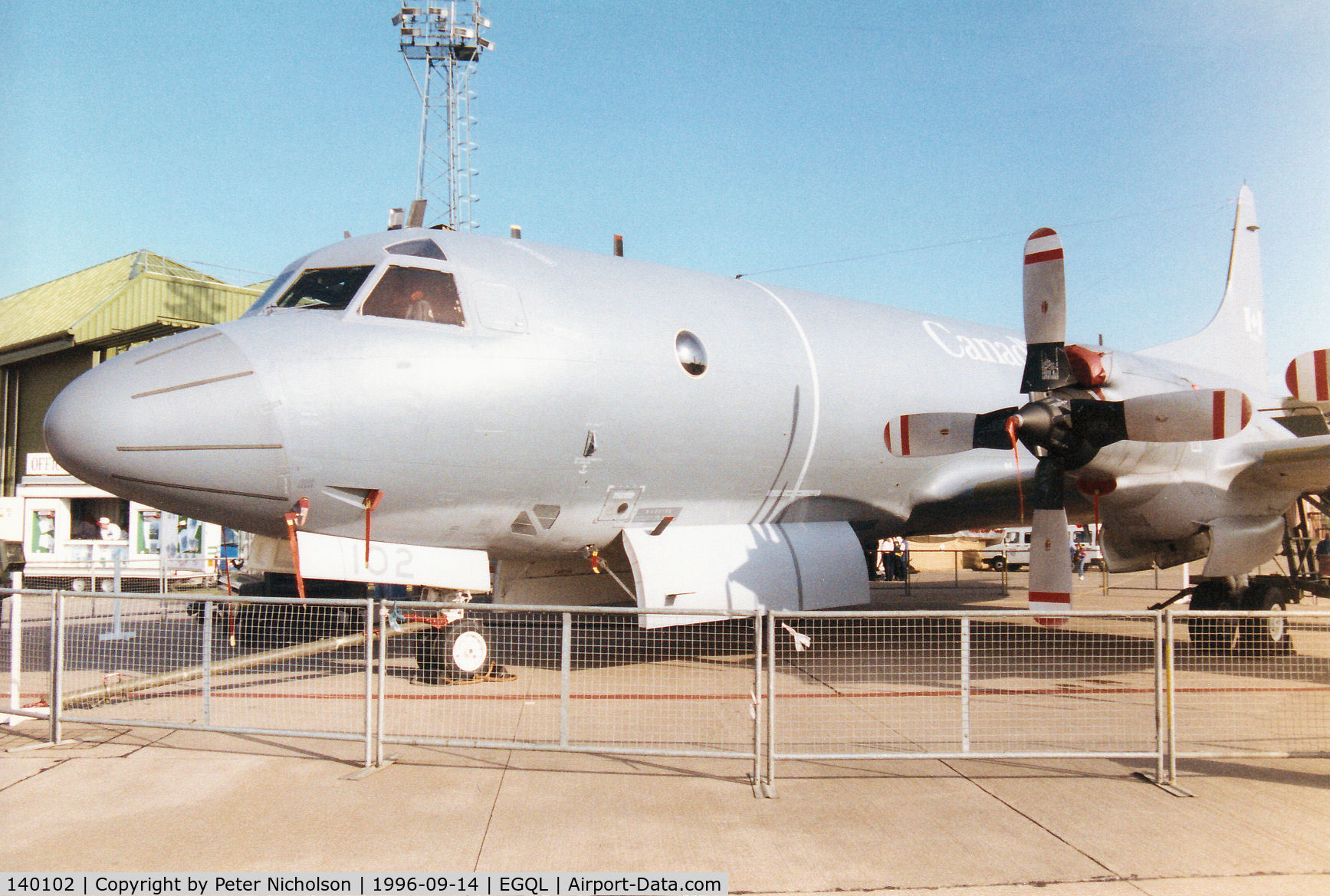 140102, Lockheed CP-140 Aurora C/N 285B-5689, CP-140 Aurora, callsign Canforce 102, of 415 Squadron/14 Wing of the Canadian Armed Forces on display at the 1996 RAF Leuchars Airshow.