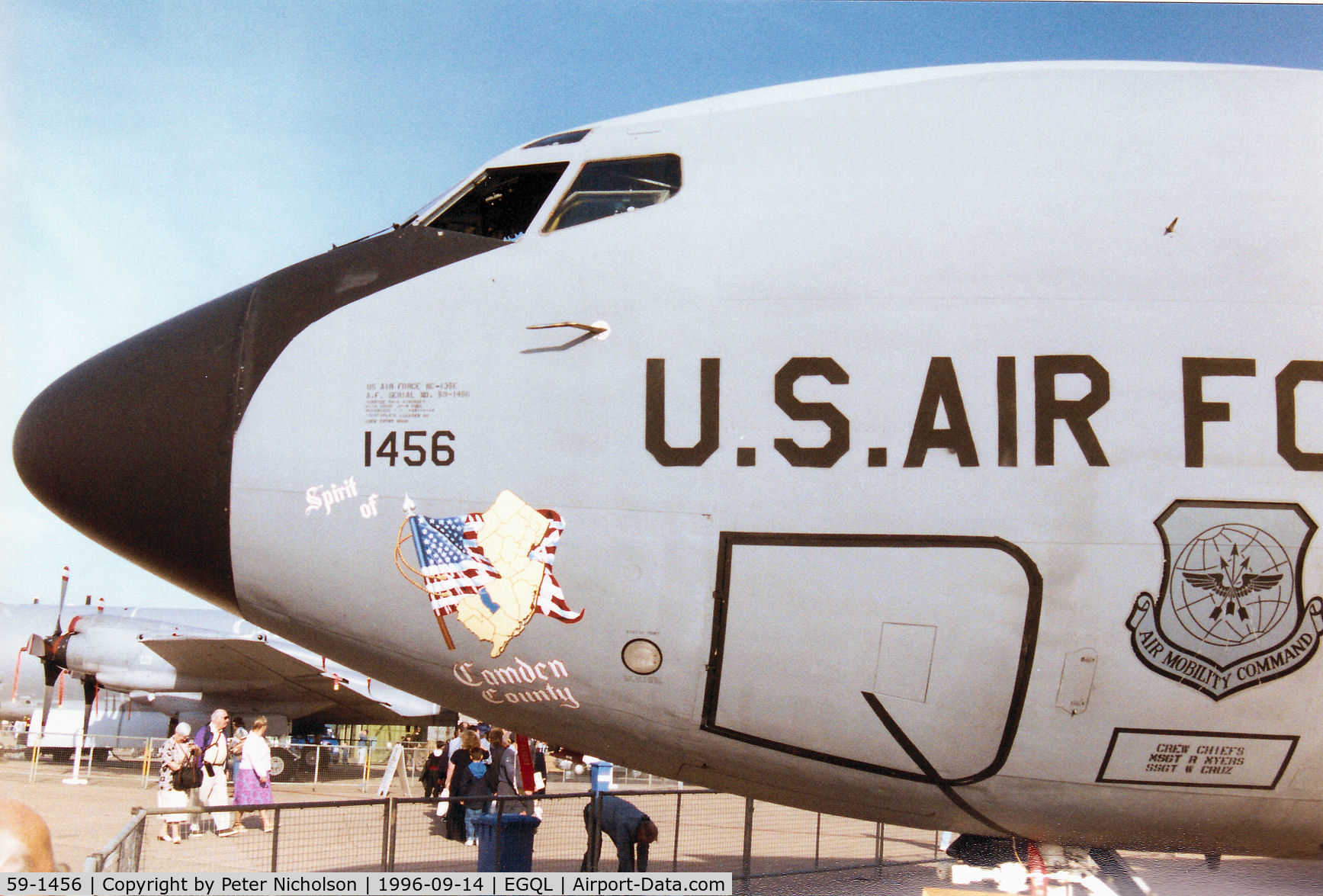 59-1456, 1959 Boeing KC-135E Stratotanker C/N 17944, KC-135E Stratotanker, callsign Jersey 9, of 141st Air Refuelling Squadron New Jersey Air National Guard on display at the 1996 RAF Leuchars Airshow.