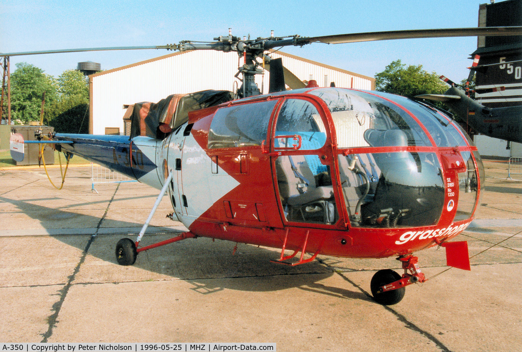 A-350, Sud SE-3160 Alouette III C/N 1350, Alouette III of 302 Squadron's Grasshopper aerial display team of the Royal Netherlands Air Force on display at the 1996 RAF Mildenhall Air Fete.