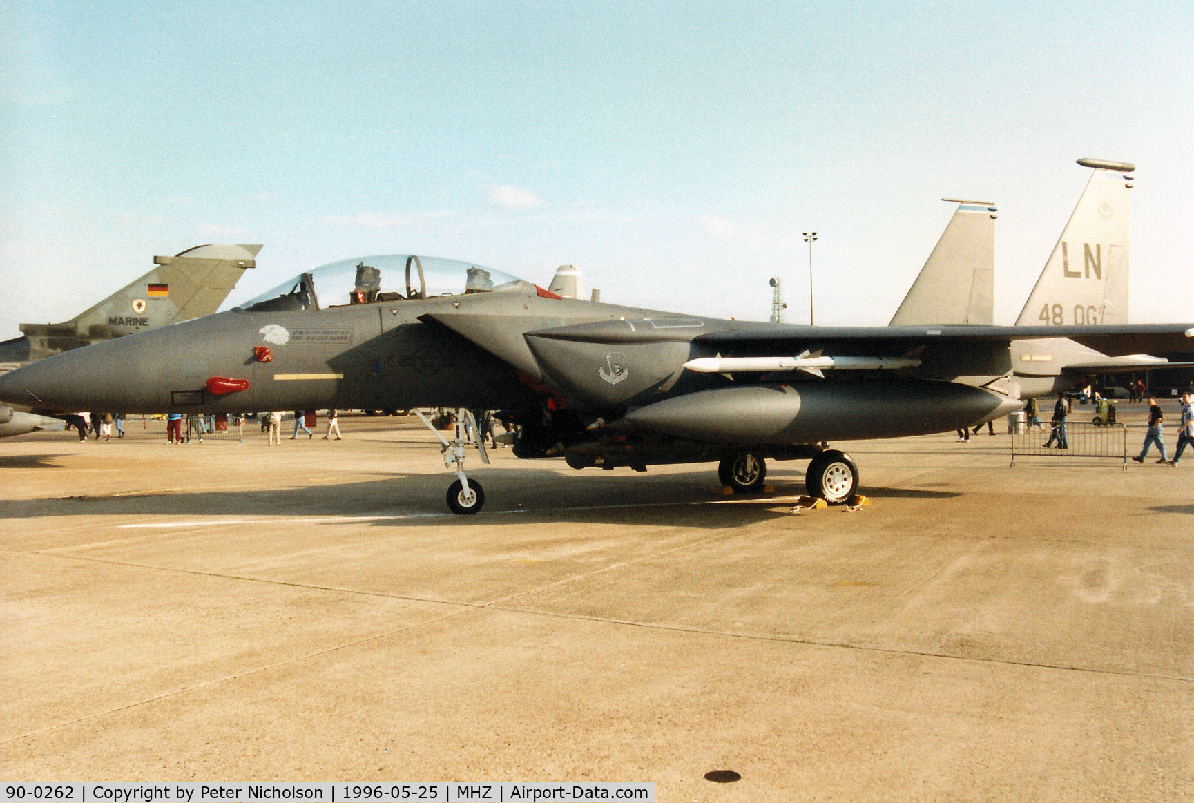 90-0262, 1990 McDonnell Douglas F-15E Strike Eagle C/N 1204/E164, F-15E Strike Eagle of 492nd Fighter Squadron/48th Fighter Wing at RAF Lakenheath on display at the 1996 RAF Mildenhall Air Fete.