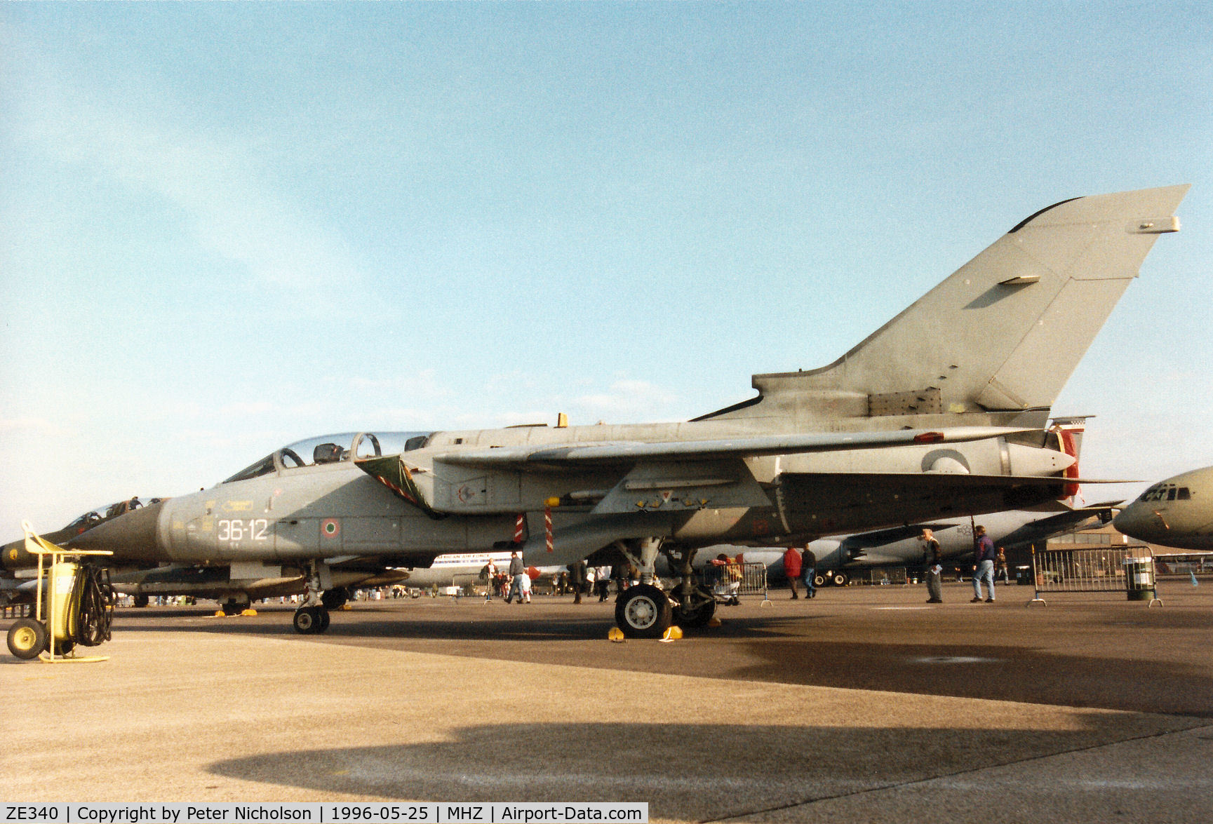 ZE340, 1987 Panavia Tornado F.3 C/N AT025/643/3288, Tornado F.3 of 56[Reserve] Squadron at RAF Coningsby on display at the 1996 RAF Mildenhall Air Fete and still wearing Italian roundels and 36 Stormo markings.