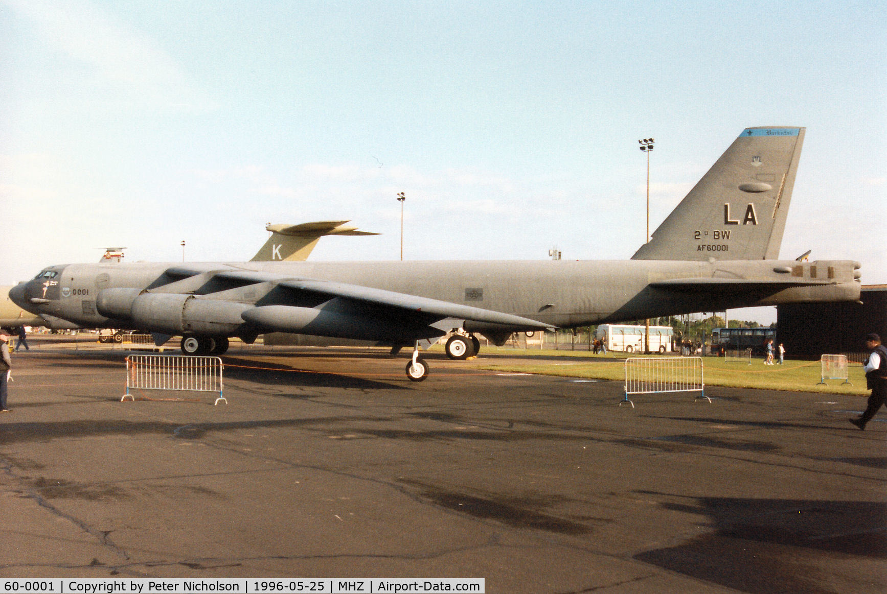 60-0001, 1960 Boeing B-52H Stratofortress C/N 464366, B-52H Stratofortress of 20th Bomb Squadron/2nd Bombardment Wing on display at the 1996 RAF Mildenhall Air Fete.