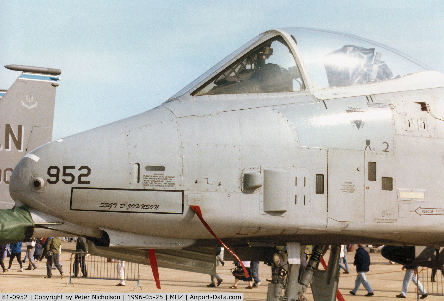 81-0952, 1981 Fairchild Republic A-10A Thunderbolt II C/N A10-0647, A-10A Thunderbolt of Spangdahlem's 81st Fighter Squadron/52nd Fighter Wing on display at the 1996 RAF Mildenhall Air Fete.