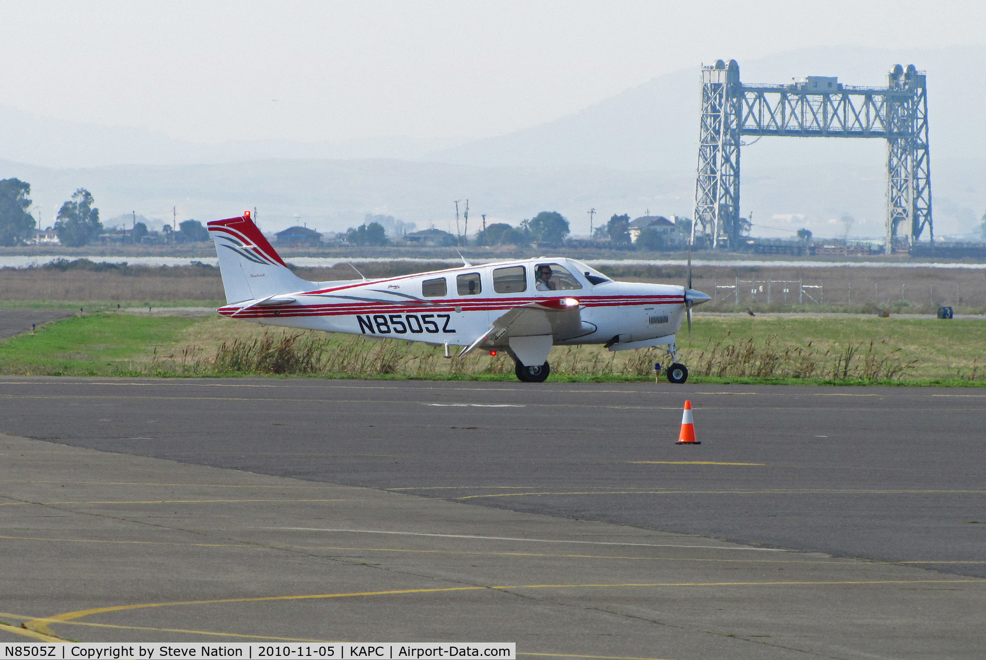 N8505Z, Raytheon Aircraft Company A36 Bonanza C/N E3634, ex-Japan Air Lines A36 Bonanza after maintenance flight - Napa River RR Bridge in background (JAL closed training program with IASCO in October 2010 after nearly 40 years)