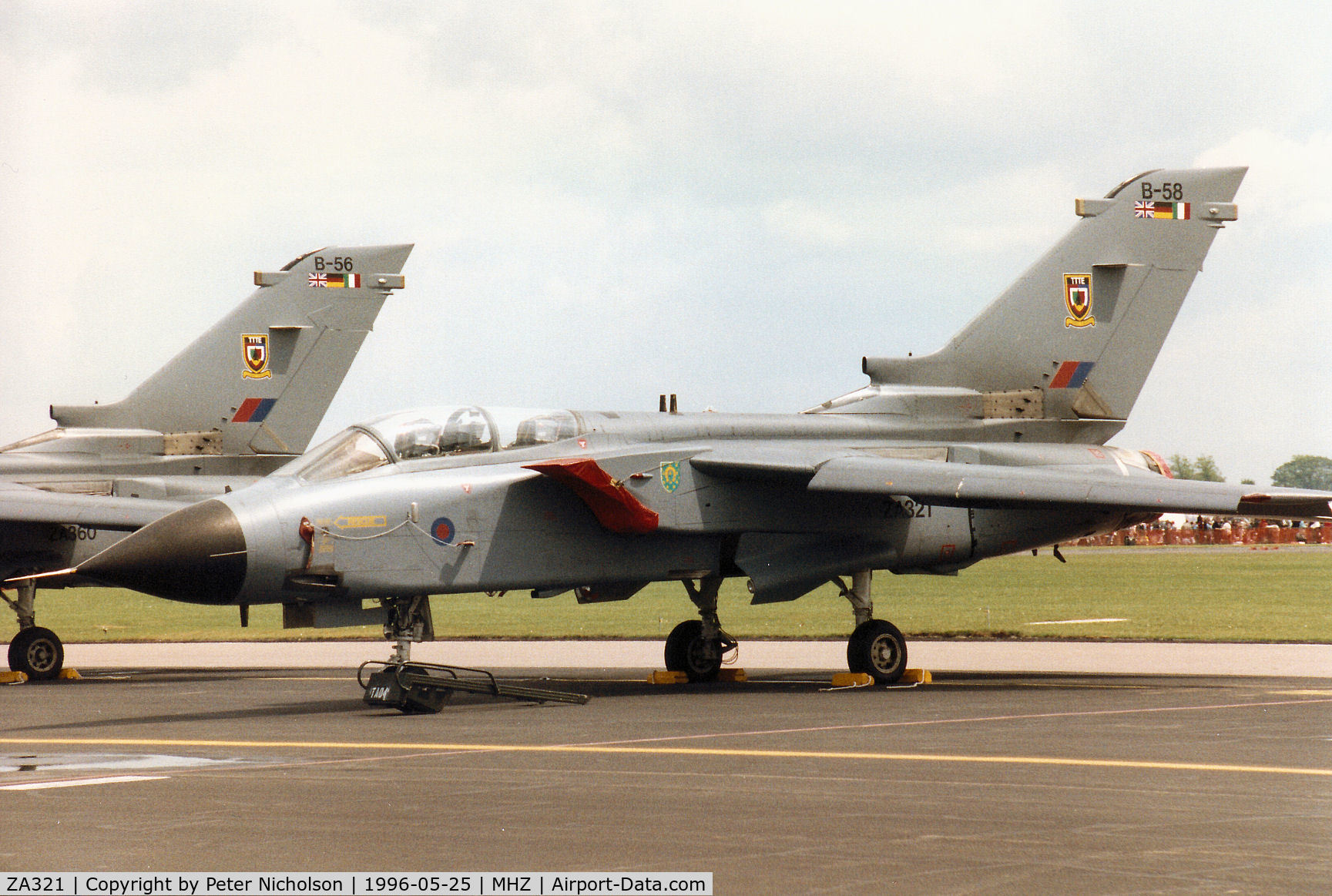 ZA321, 1980 Panavia Tornado GR.1 C/N 007/BS001/3003, Tornado GR.1 of RAF Cottesmore's Tri-National Tornado Training Establishment - TTTE - in the 1996 display season markings on the flight-line at the 1996 RAF Mildenhall Air Fete.