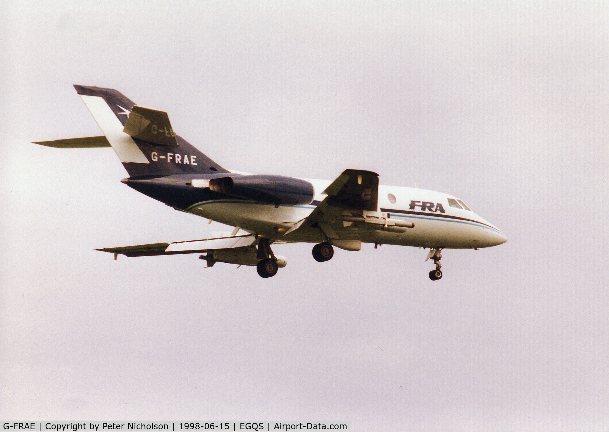 G-FRAE, 1973 Dassault Falcon (Mystere) 20E C/N 280, Falcon 20 of FRA arriving at RAF Lossiemouth for the 1998 Joint Maritime Course.