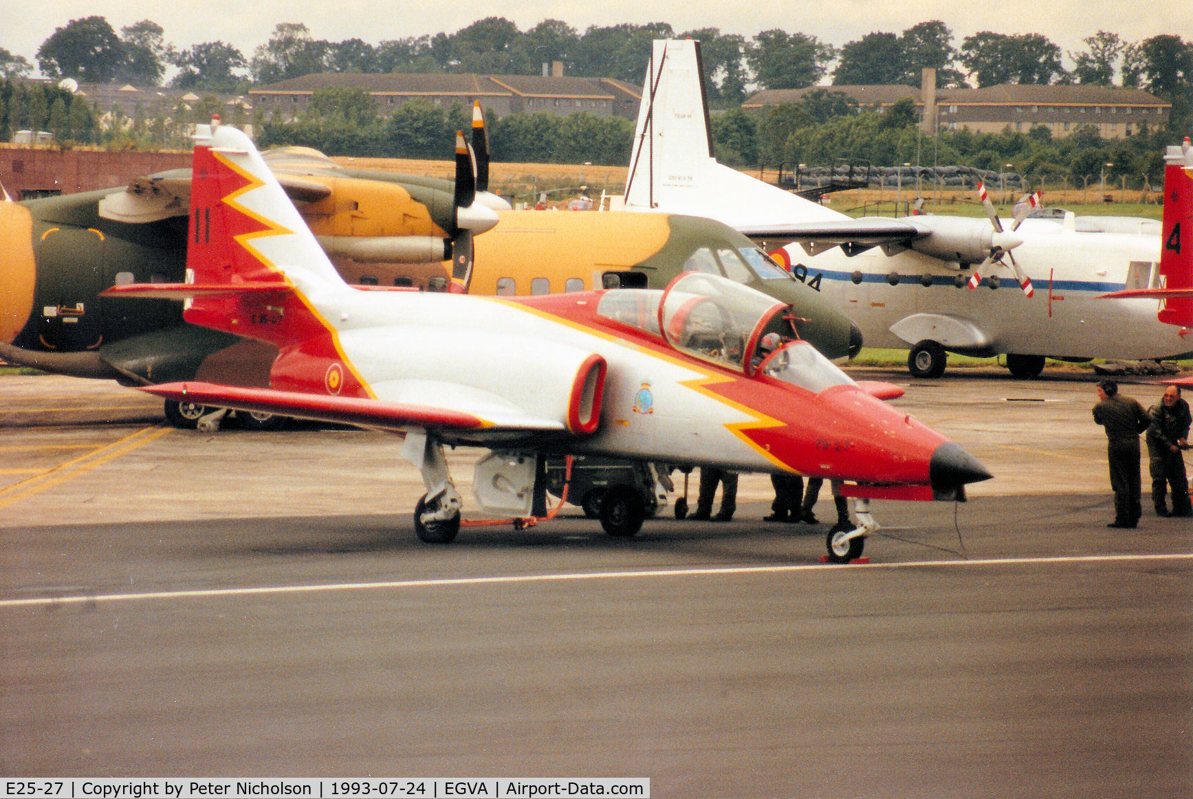 E25-27, CASA C-101EB Aviojet C/N EB01-27-027, CASA 101EB Aviojet of Team Aguila of the Spanish Air Force on the flight-line at the 1993 Intnl Air Tattoo at RAF Fairford.