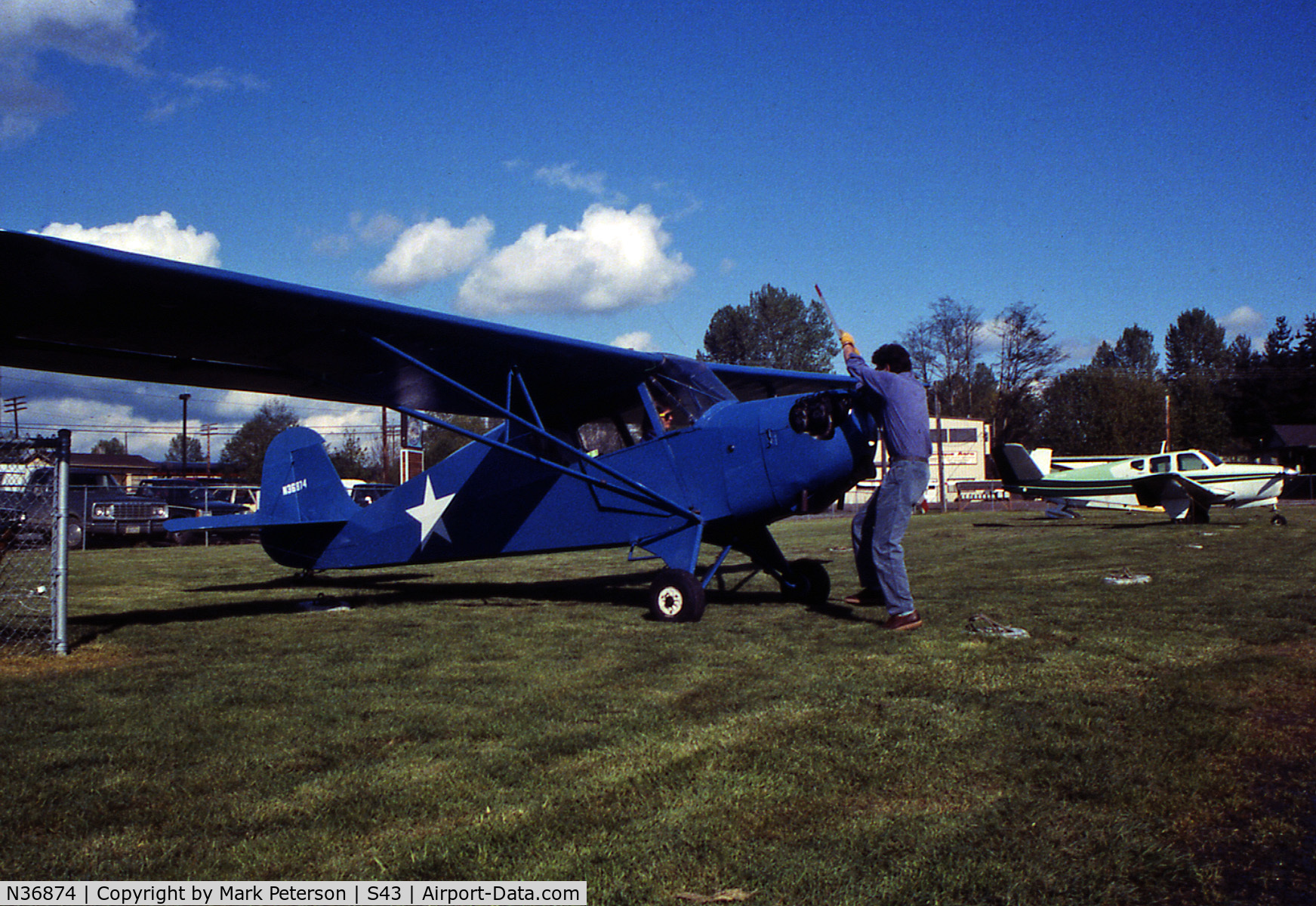 N36874, 1941 Aeronca 65-TAL C/N L1971TA, handpropping at Harvey Field, Snohomish