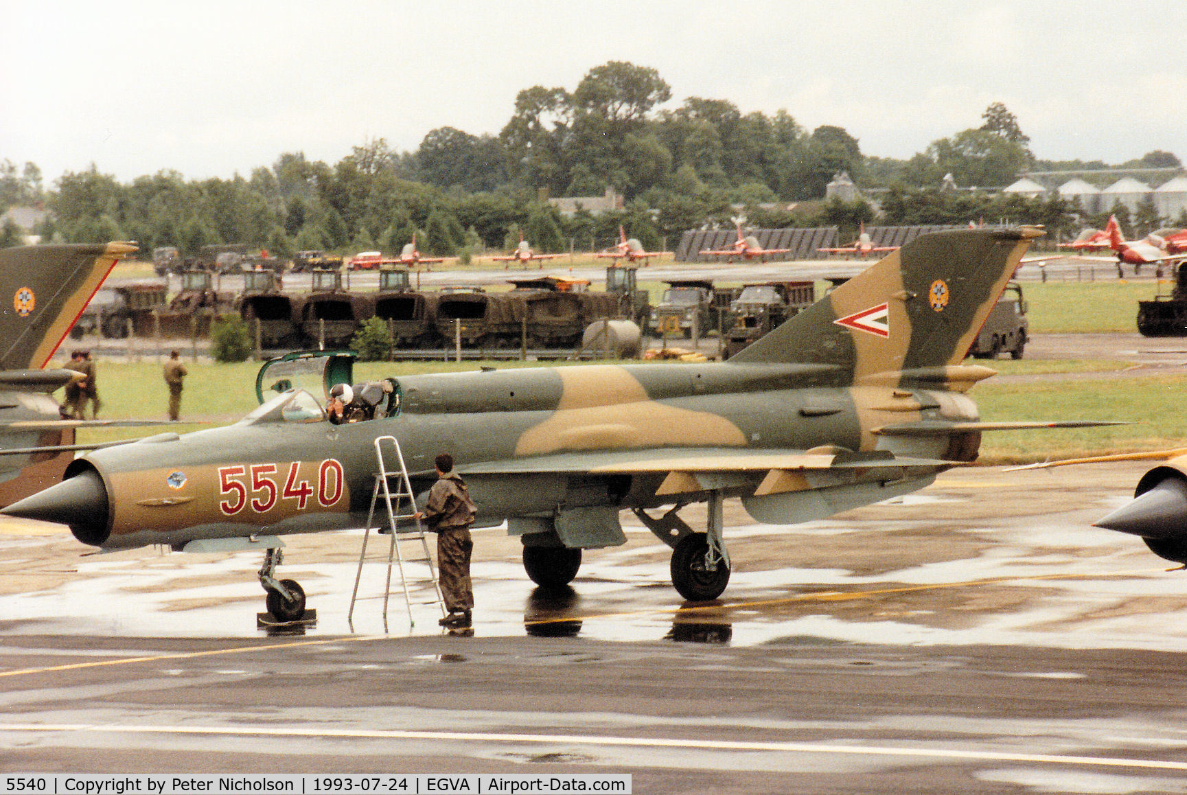 5540, Mikoyan-Gurevich MiG-21bis C/N 75035540, MiG-21 Fishbed of the Sky Hussars Hungarian Air Force display team on the flight-line at the 1993 Intnl Air Tattoo at RAF Fairford.