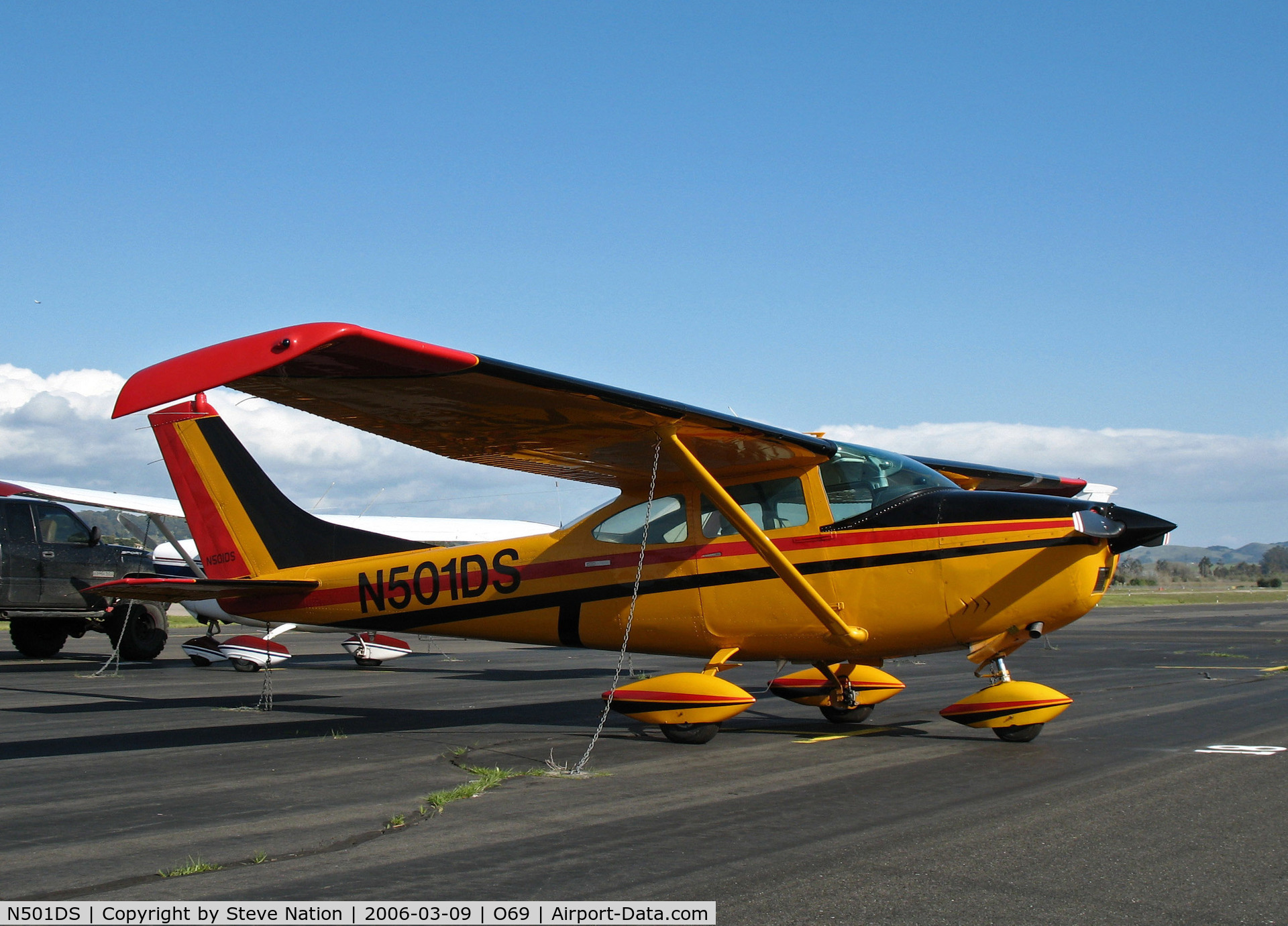 N501DS, 1966 Cessna 182J Skylane C/N 18257193, Colorful or what? I get the feeling the owner if from Belgium (flag colors match)! 1966 Cessna 182J @ Petaluma, CA